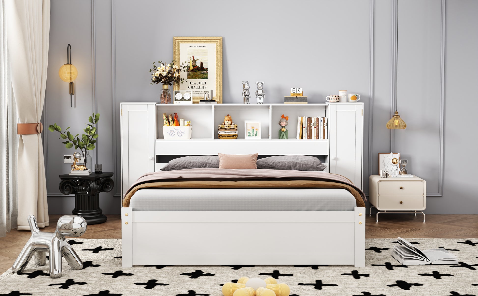 Full Size Platform Bed With Storage Headboard And Lockers, White Full Box Spring Not Required White Wood Bedroom Solid Wood Mdf