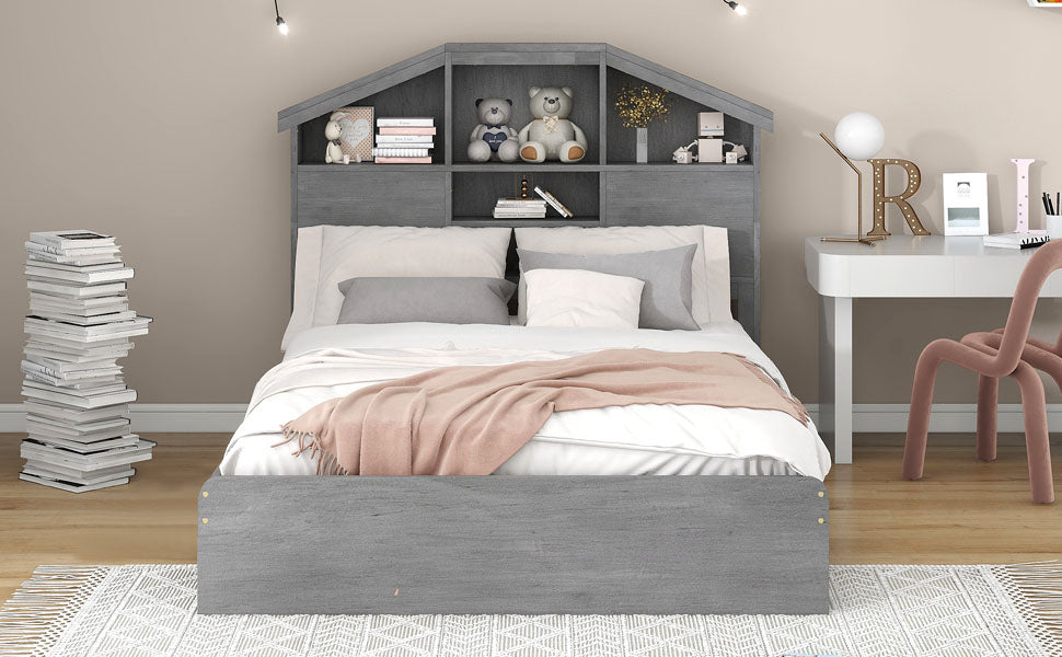 Full Size Wood Platform Bed With House Shaped Storage Headboard And 2 Drawers, Gray Box Spring Not Required Full Gray Wood Bedroom Solid Wood Mdf