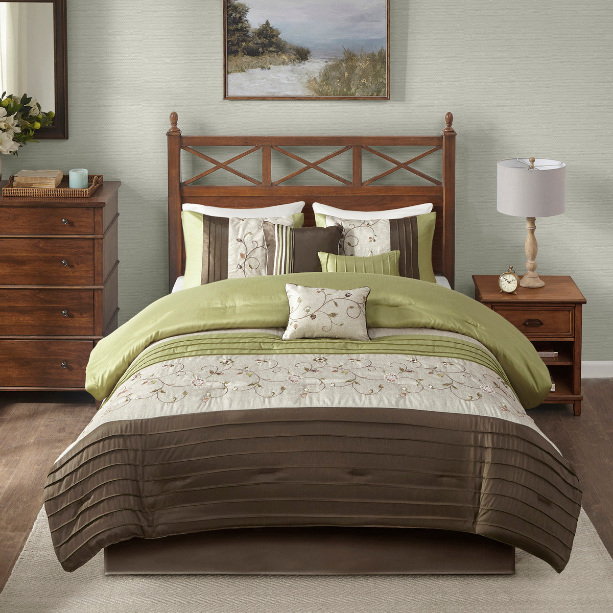 Embroidered 7 Piece Comforter Set Green King King Green Polyester