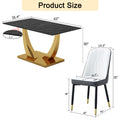 Table And Chair Set.Modern Rectangular Dining Table With Black Textured Stickers Glass Tabletop And Gold Plated Metal Legs.Paried With 6 Comfortable Chairs With Pu Seats And Black Metal Legs. Black