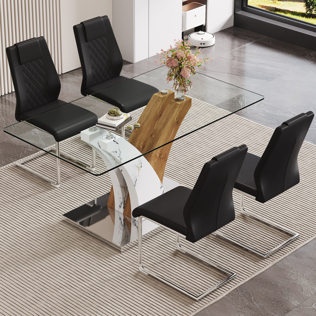Table And Chair Set.Modern Dining Table, Tempered Glass Countertop With Artistic Mdf Legs.Paried With 4 Comfortable Chairs With Pu Seats And Metal Legs. Suitable For Various Decoration Styles. Black,Transparent Seats 4 Mdf Glass