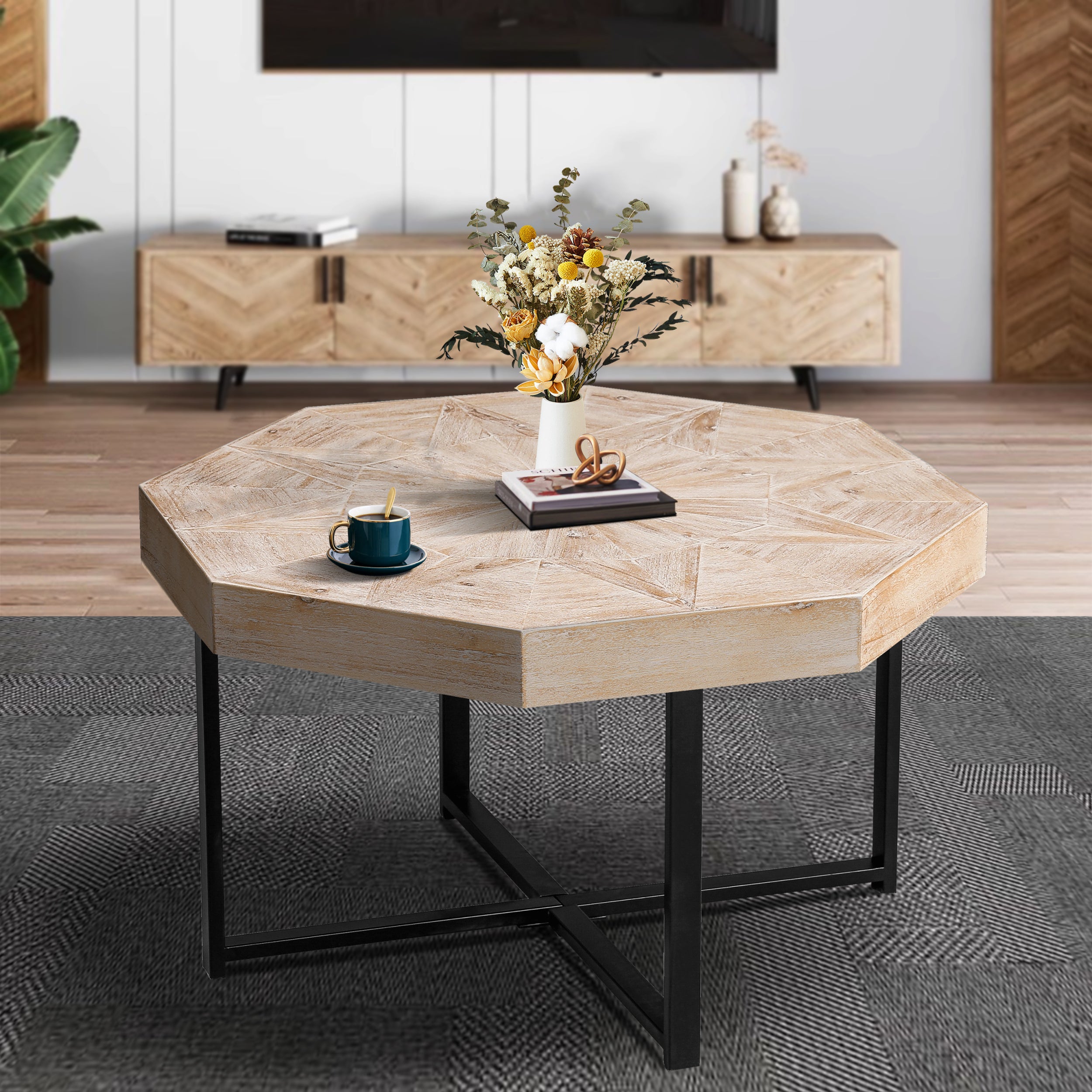 【未使用】FIELD WORKS woodtable Wood Octagonal Vintage Patchwork Craft Farmhouse 30 Inch Wooden Table