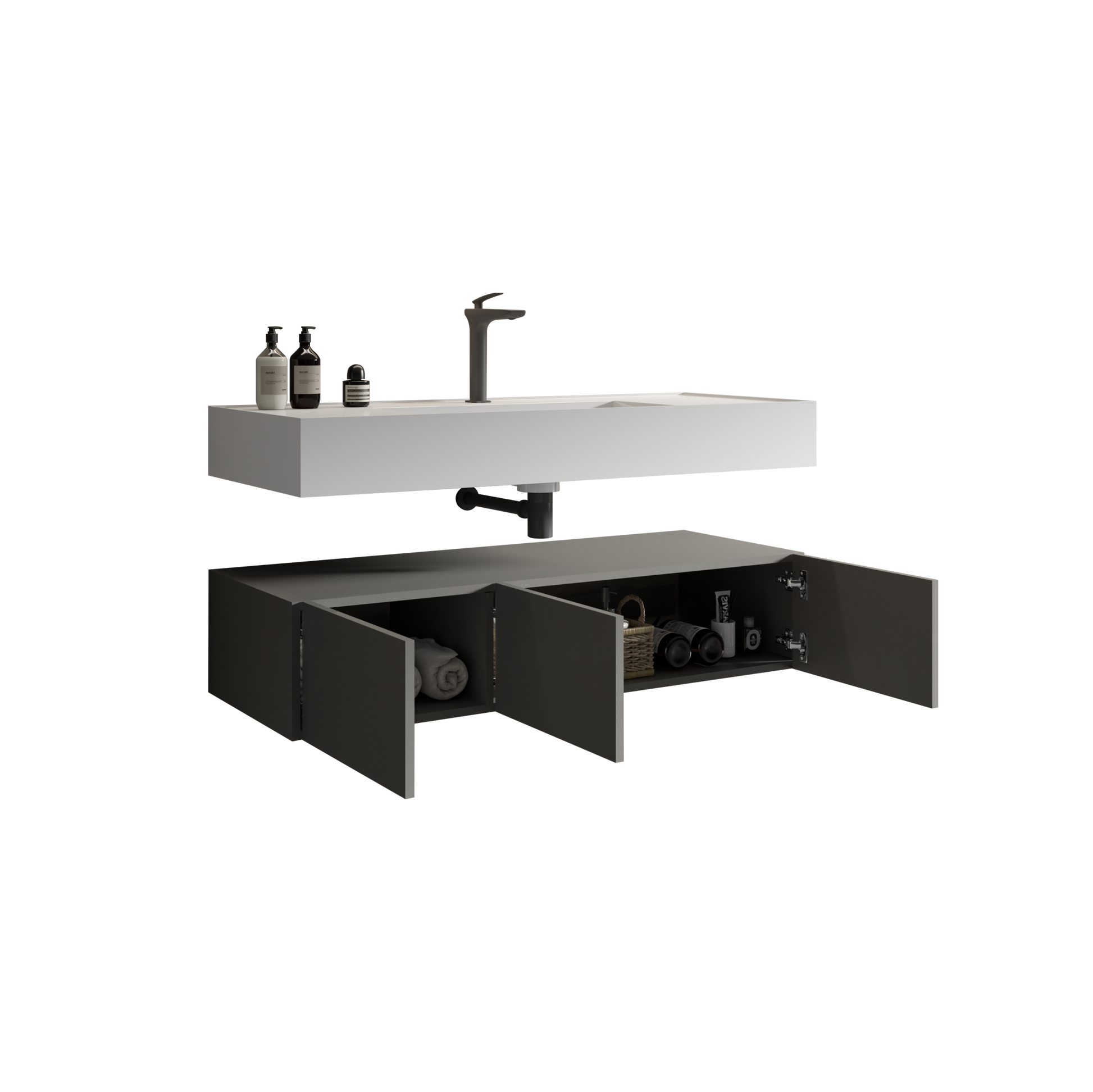 U064 Flora48W 102 Floating Bathroom Sink With Storage Cabinet, Space Gray Wall Mounted Basin With Cabinet With 3 Soft Close Doors Gray Bathroom Modern Engineered Wood