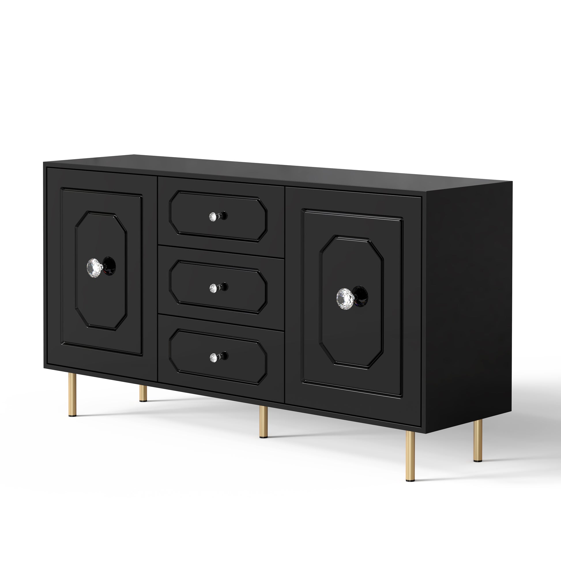 59" 2 Door 3 Drawers Wood Black High Gloss Finish Sideboard Black Dining Room Minimalist,Modern Soft Close Doors Mdf