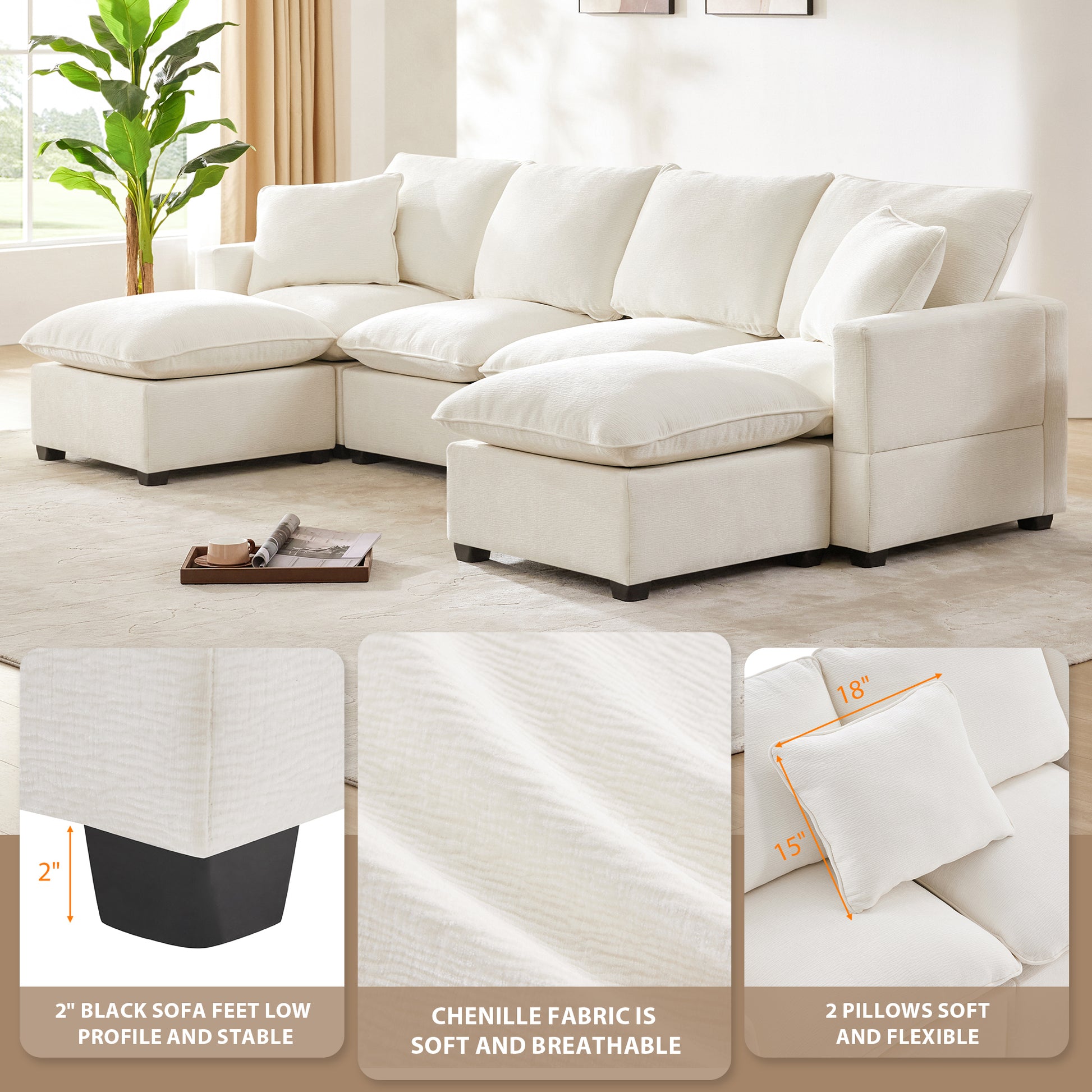 110*57" Modern U Shape Modular Sofa, 6 Seat Chenille Sectional Couch Set With 2 Pillows Included, Freely Combinable Indoor Funiture For Living Room, Apartment, Office, 2 Colors White Chenille 6 Seat