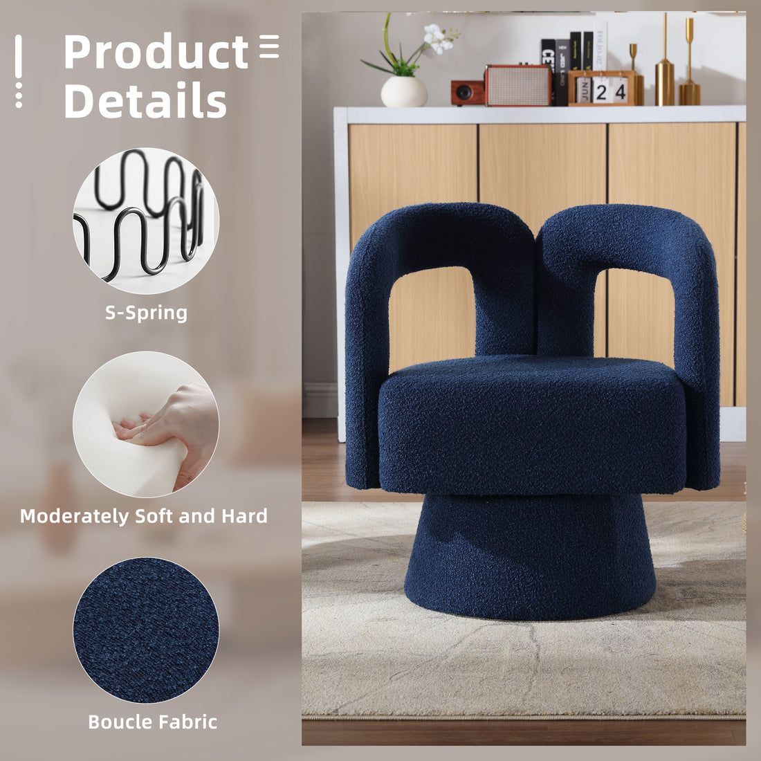 Coolmore 360 Degree Swivel Cuddle Barrel Accent Chairs, Round Armchairs With Wide Upholstered, Fluffy Fabric Chair For Living Room, Bedroom, Office, Waiting Rooms Navy Boucle Navy Foam Boucle