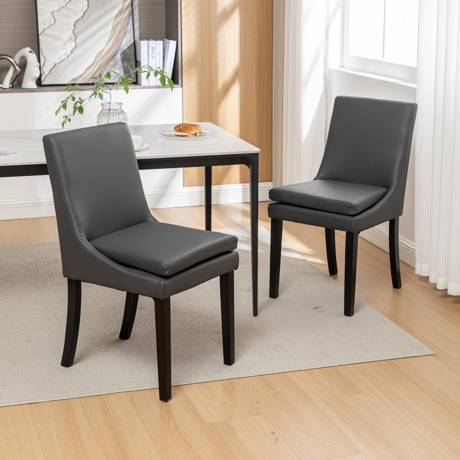 Modern Dining Chairs Set Of 2, Upholstered Kitchen & Dining Room Chairs With Solid Wood Legs,Tufted Linen Fabric Chairs For Living Room, Restaurant Dark Grey Foam Pu Leather