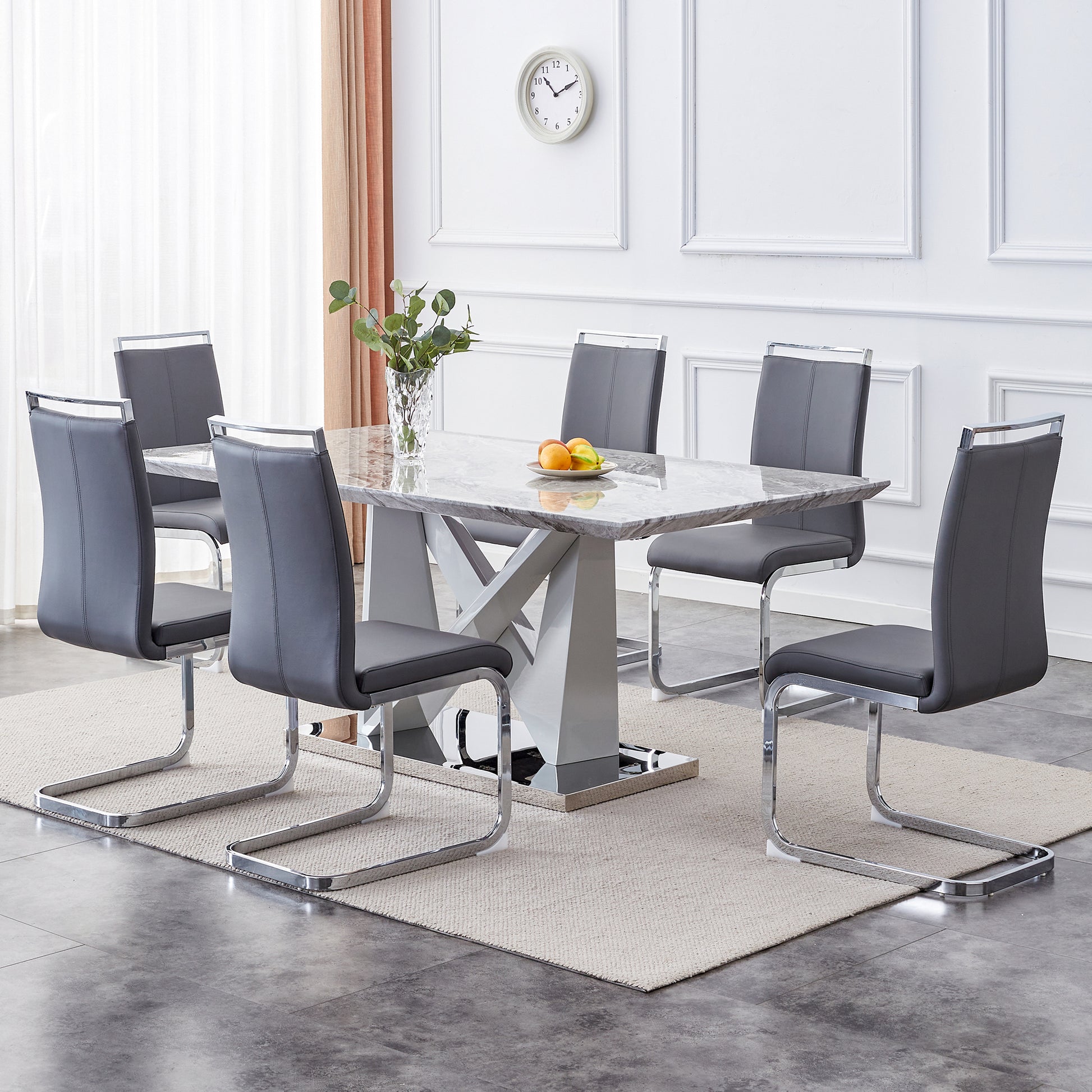 1 Table And 6 Chairs Set.Modern Grey Mdf Faux Marble Dining Table With Double V Shaped Supports.Paired With 6 Modern Pu Artificial Leather Soft Cushion With Silver Metal Legs.F Vv,C 1162 Gray Seats 6 Mdf Metal