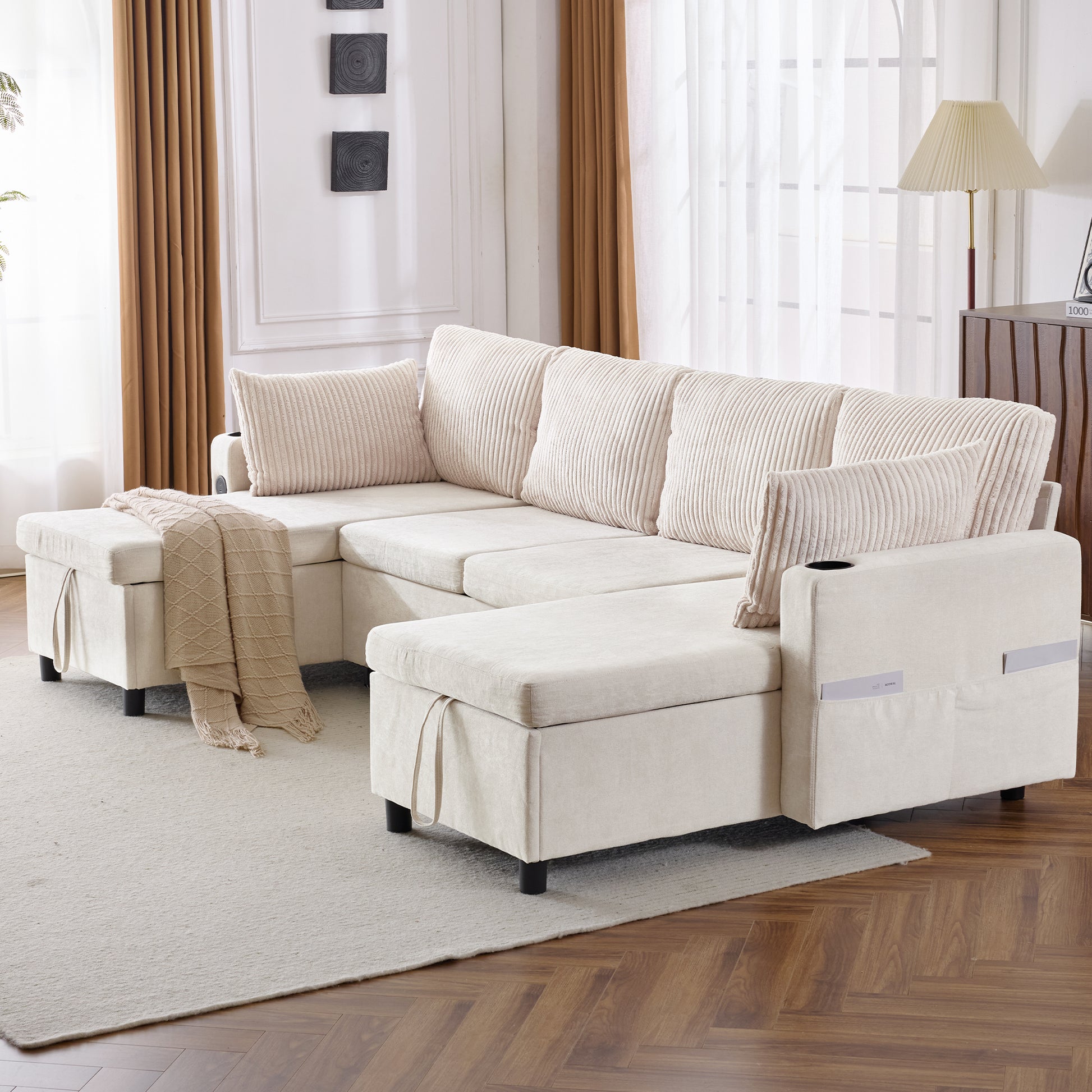 111.8" Sectional Sofa Pull Out Sofa Bed Versatile Sofa Sleeper With Large Storage Space, Two Usb Ports And Two Cup Holders For Living Room, Beige Beige Foam Chenille 4 Seat