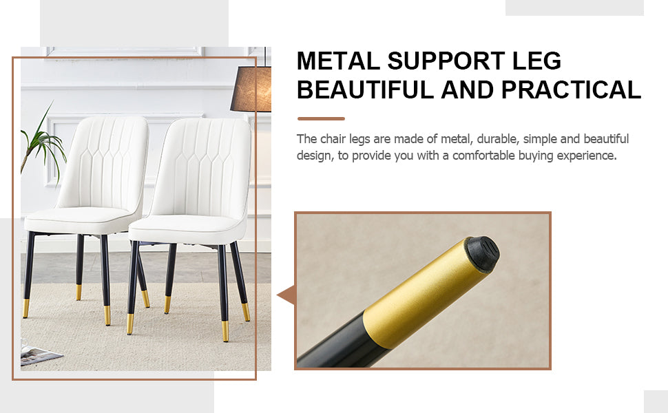 Table And Chair Set.The Table Has A Glass Top With Imitation Marble Pattern Stickers And Stainless Steel Golden Legs. Paried With Chairs With Pu Artificial Leather Backrest Cushions And Black Legs. White Gold Seats 8 Glass Metal