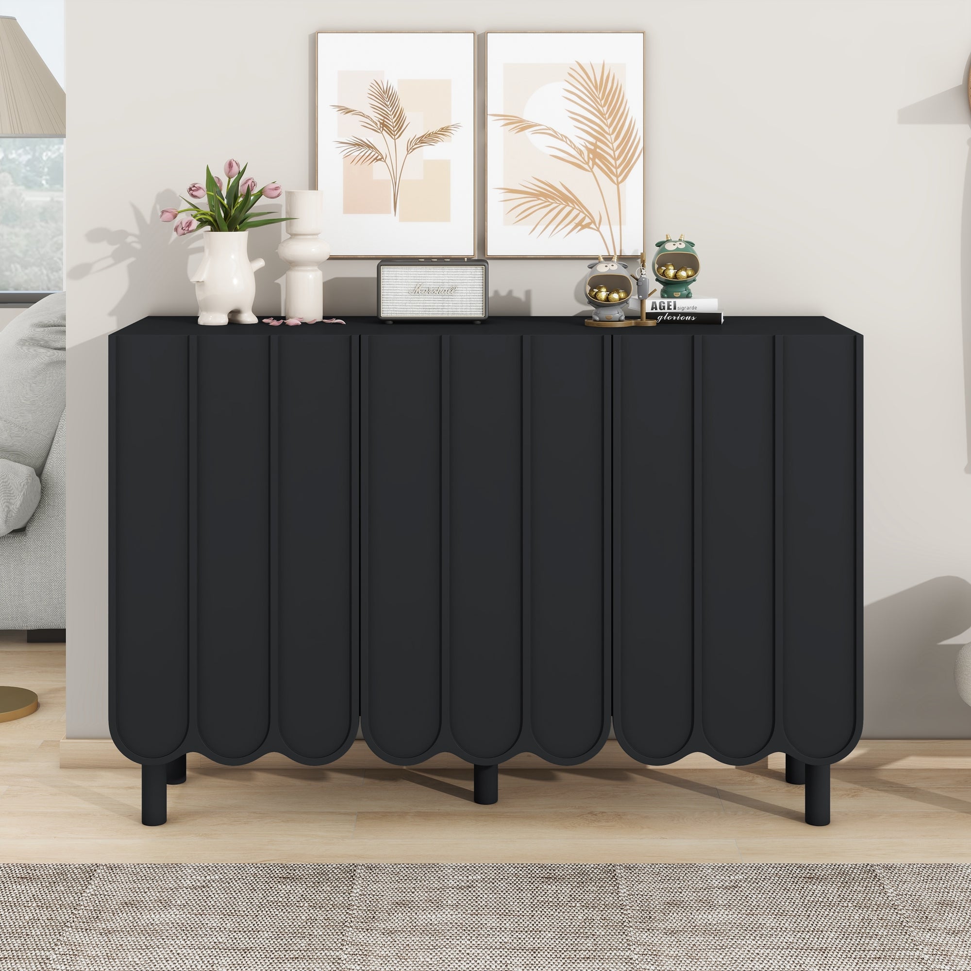 Cream Style Minimalist Shoe Cabinet With 5 Solid Wood Legs, Sideboard Buffet Cabinet With Adjustable Shelves, Large Storage Cabinet With Wave Doors For Living Room, Black Black Mdf