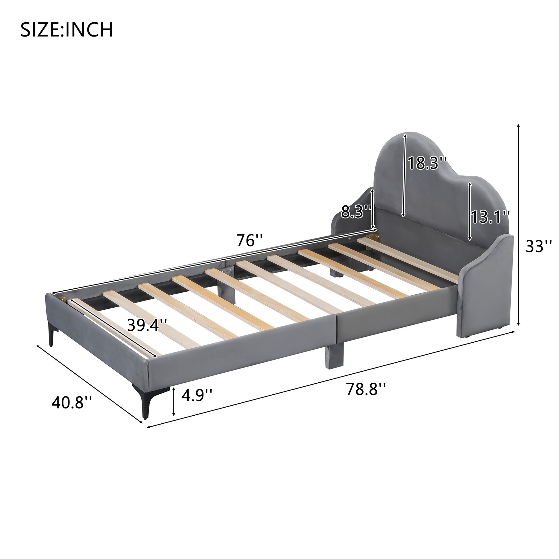 Twin Size Upholstered Platform Bed With Cloud Shaped Headboard, Gray Box Spring Not Required Twin Gray Bedroom Polyester Upholstered