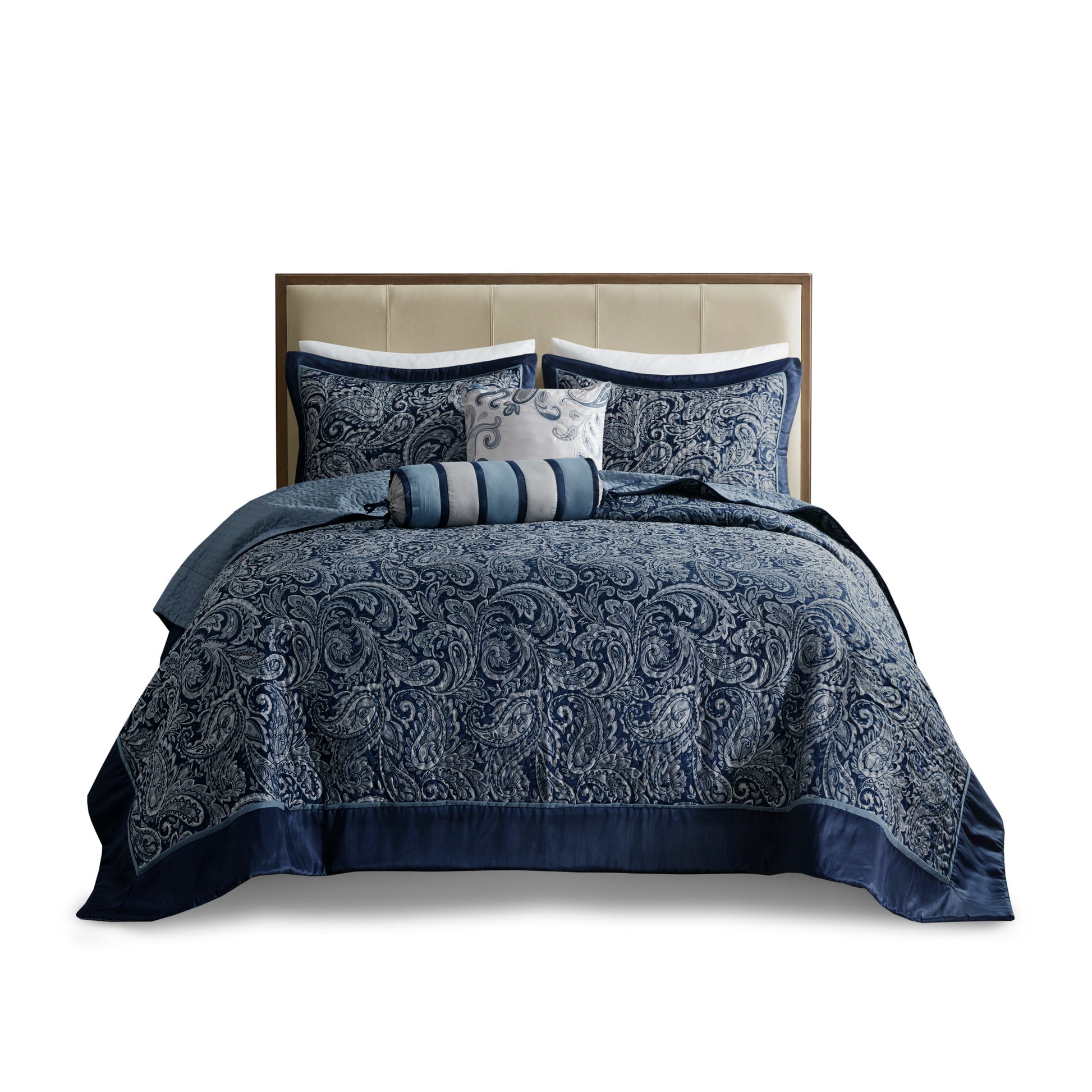 5 Piece Jacquard Bedspread Set With Throw Pillows Navy King Queen Navy Cotton