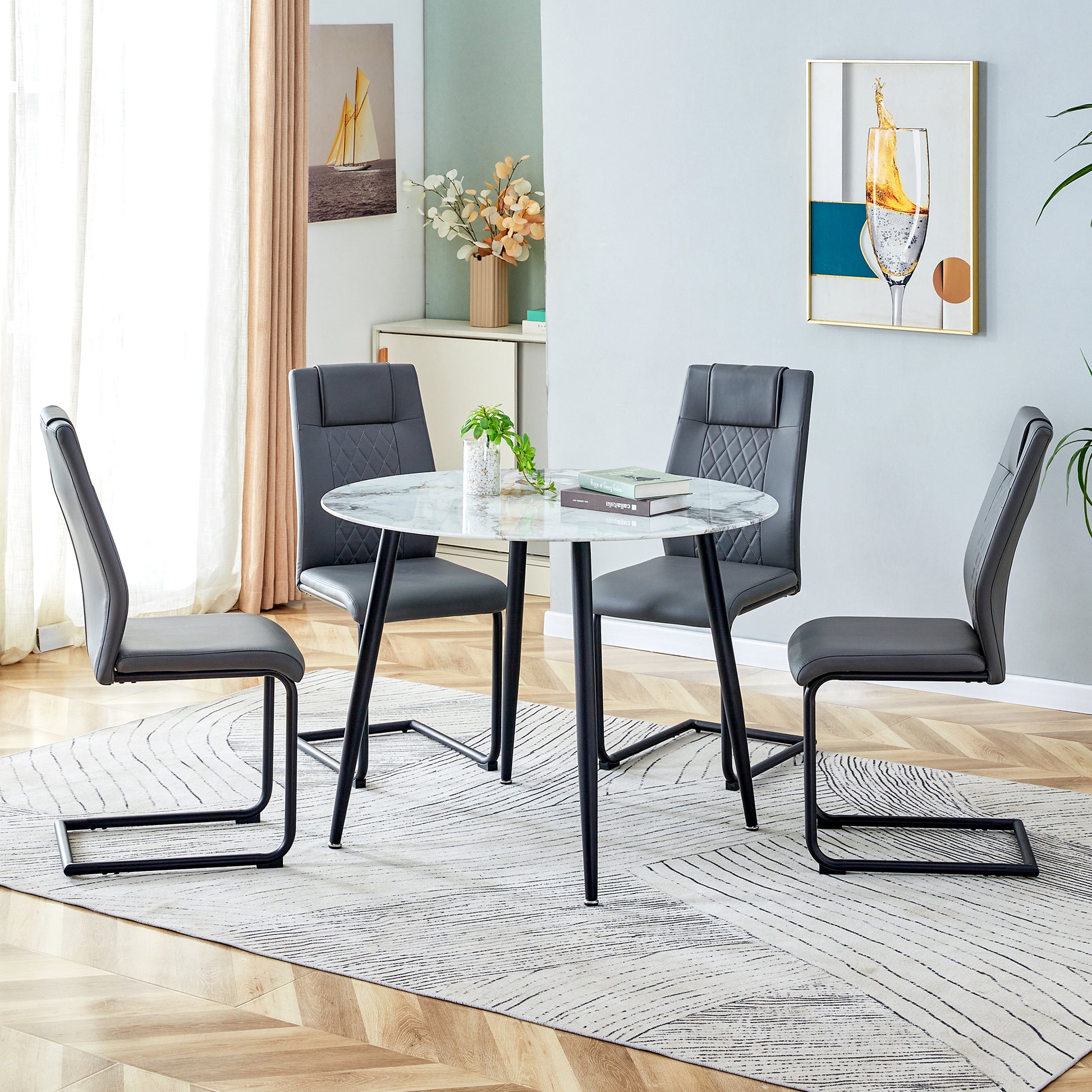 Table And Chair Set. Large Modern White Imitation Marble Patterned Round Table With Black Metal Legs. Nice Minimalism, Comfortable Seats And Black Metal Legs. White Gray Seats 4 Glass Metal