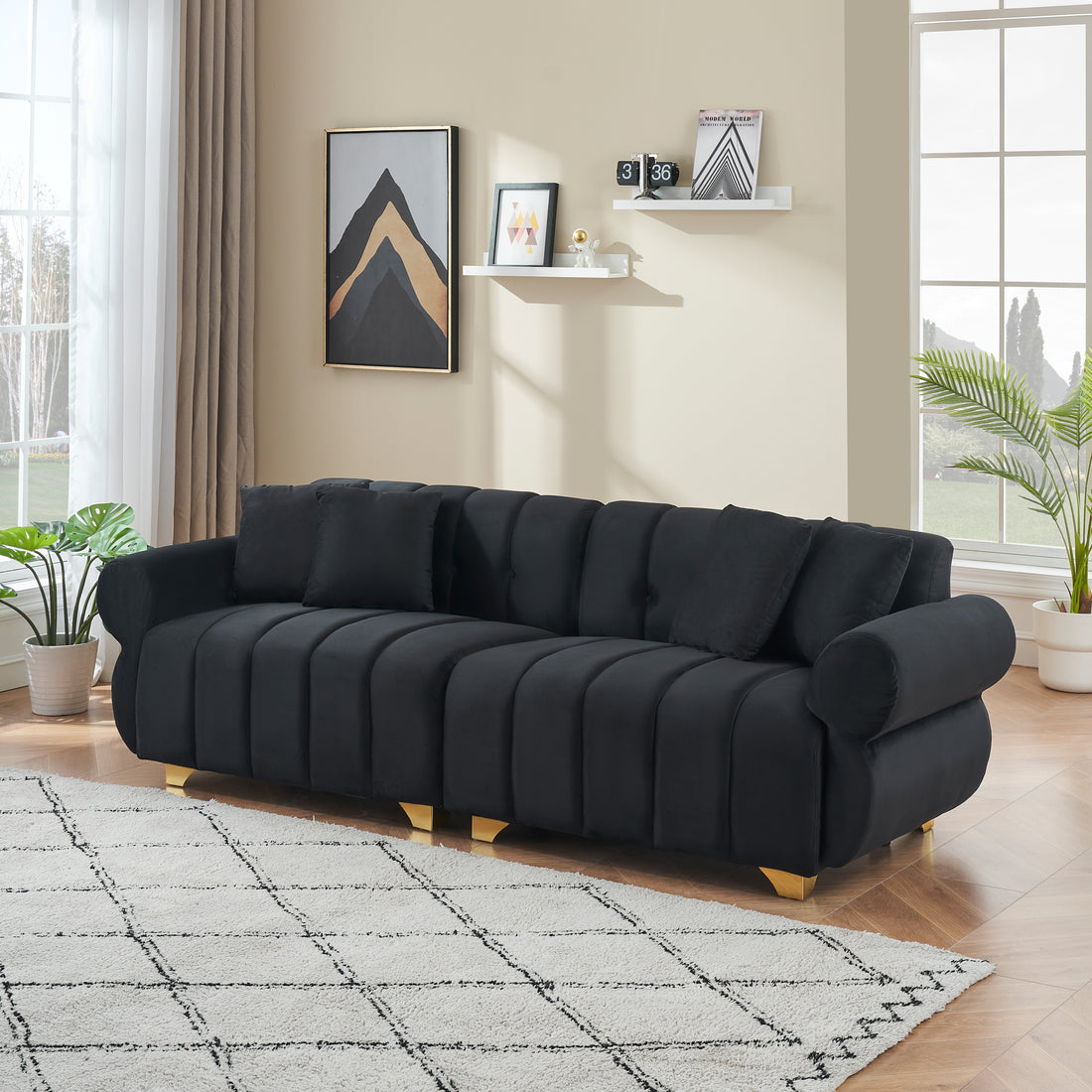 89 Inch Spring Wrapped Cushions, 3 Flannelette Sofas, Stylish Metal Feet And 4 Throw Pillows Make For A Modern Living Room Bedroom Black Velvet 3 Seat