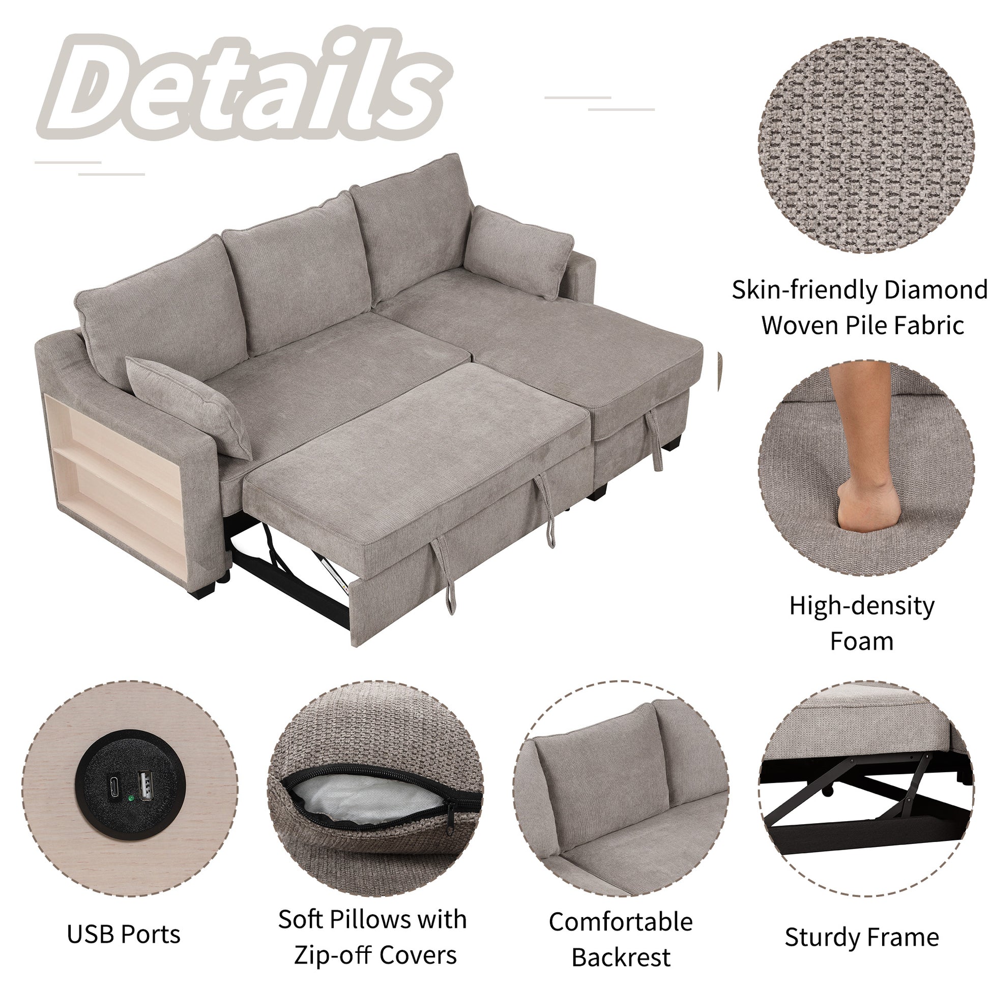 90" Pull Out Sleeper Sofa L Shaped Couch Convertible Sofa Bed With Storage Chaise, Storage Racks And Usb Ports, Light Brown Light Brown Foam Polyester 3 Seat