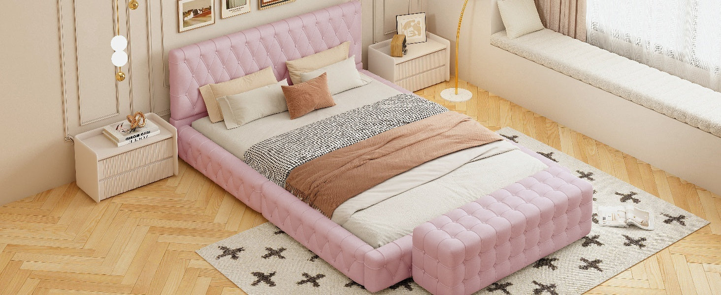 2 Pieces Bedroom Sets Queen Size Upholstered Bed With Rectangular Upholstered Ottoman For Bedroom,Pink Queen Pink 2 Piece Set Solid Wood Mdf