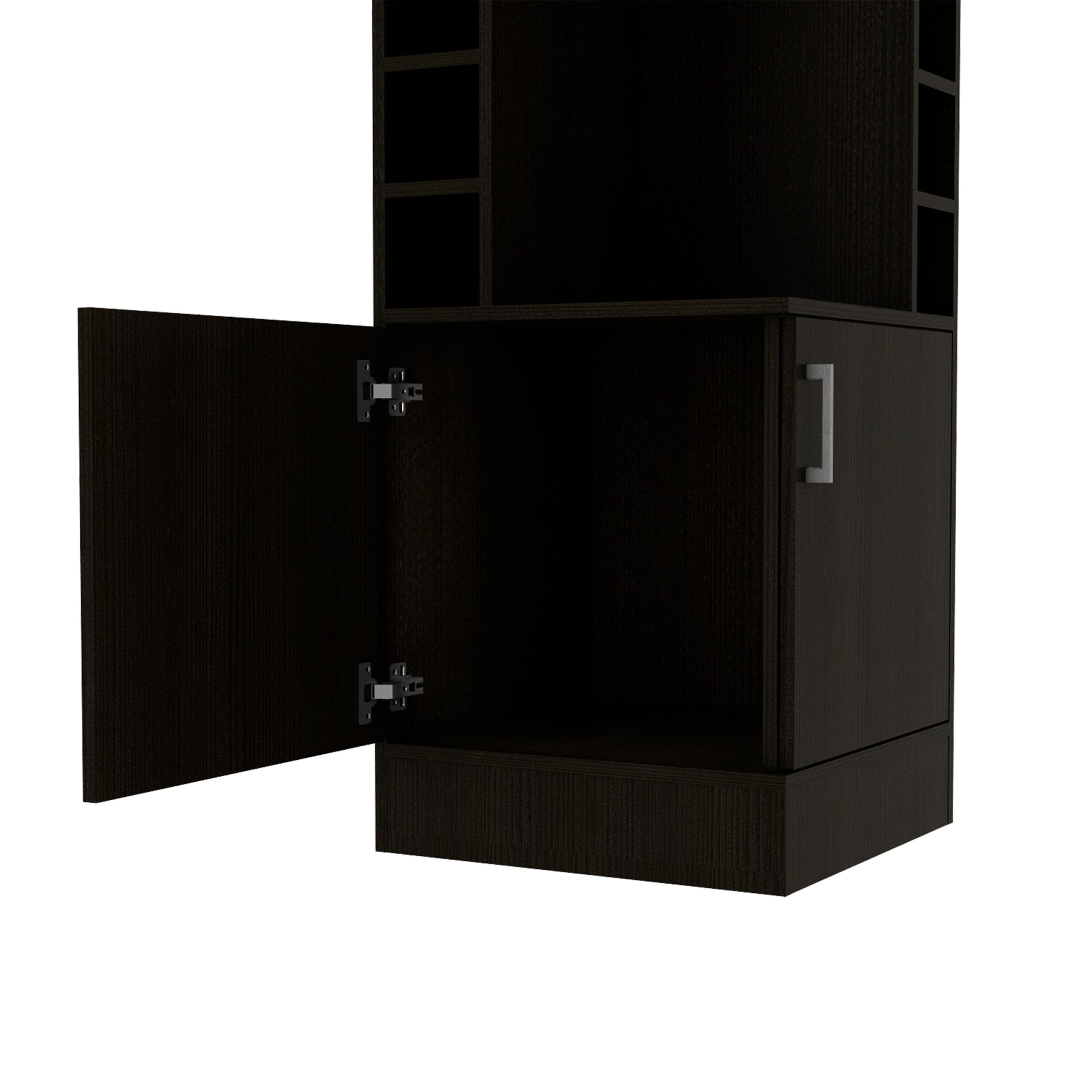 Syrah Corner Bar Cabinet, Eight Bottle Cubbies, Double Door, Two Open Shelves Black Freestanding Black Dining Room Corner Unit Modern Particle Board