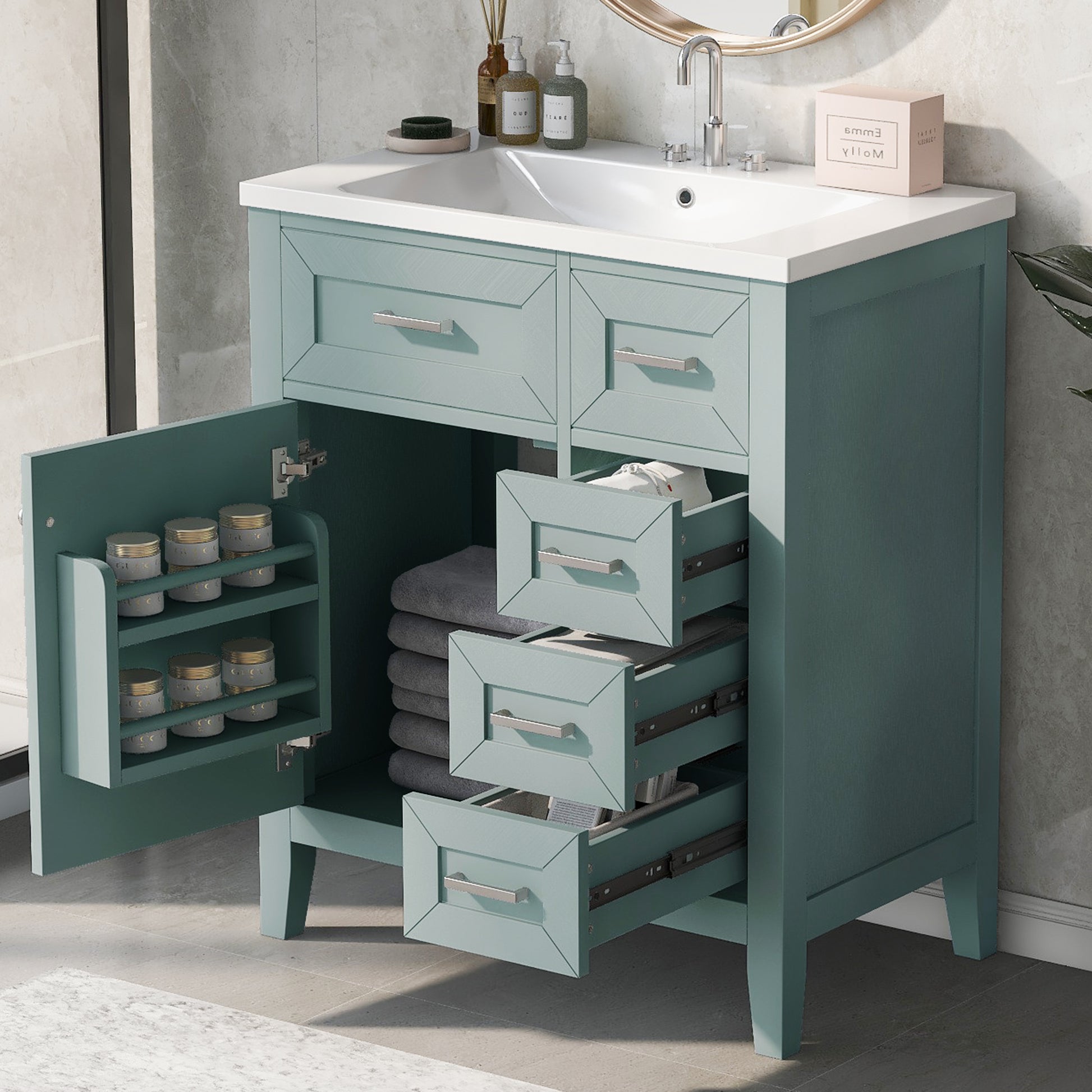 30" Bathroom Vanity With Sink Combo, Green Bathroom Cabinet With Drawers, Solid Frame And Mdf Board Green Solid Wood Mdf