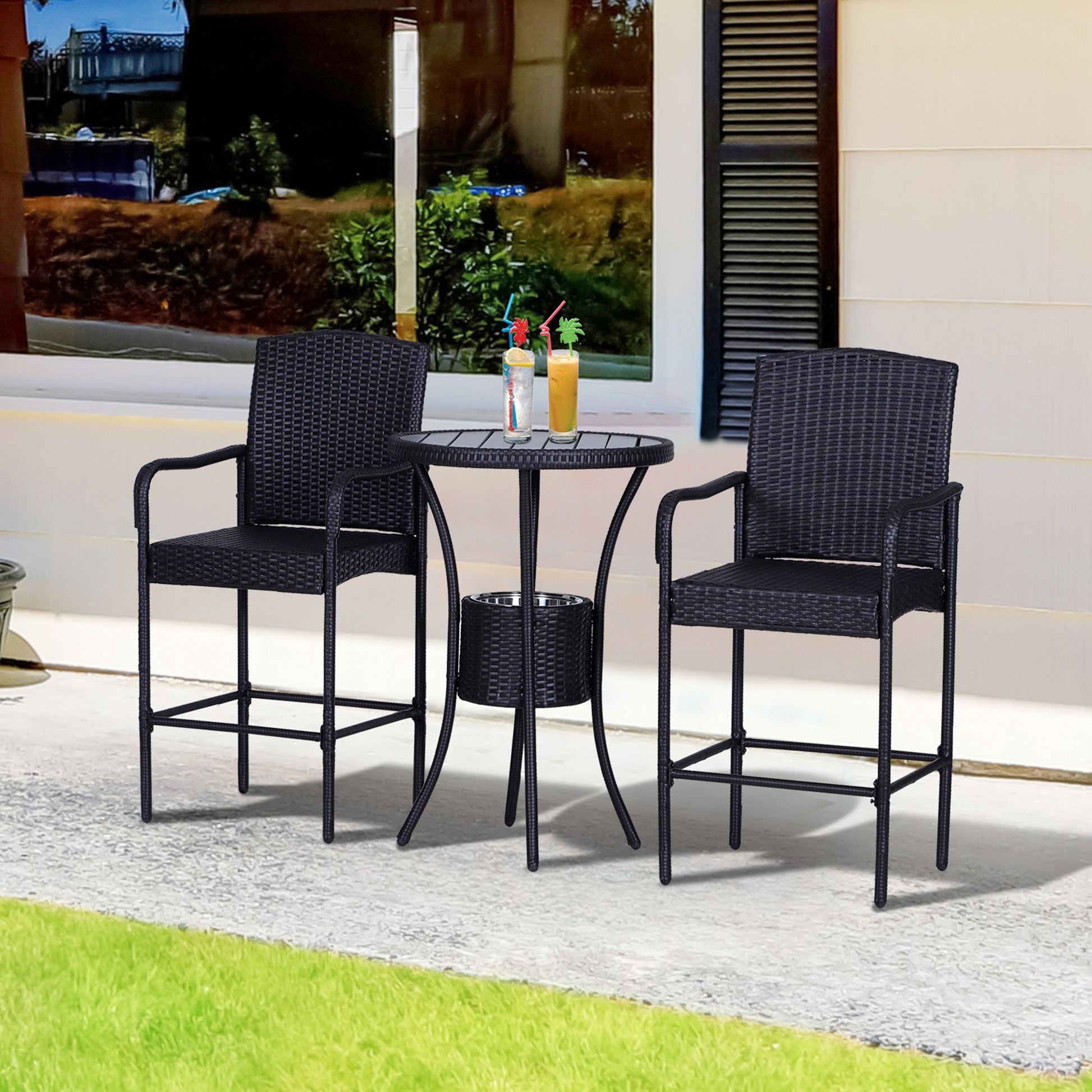 Outsunny Rattan Wicker Bar Set For 3 Pcs With Ice Buckets, Patio Furniture With 1 Bar Table And 2 Bar Stools For Poolside, Backyard, Porches Dark Brown Steel