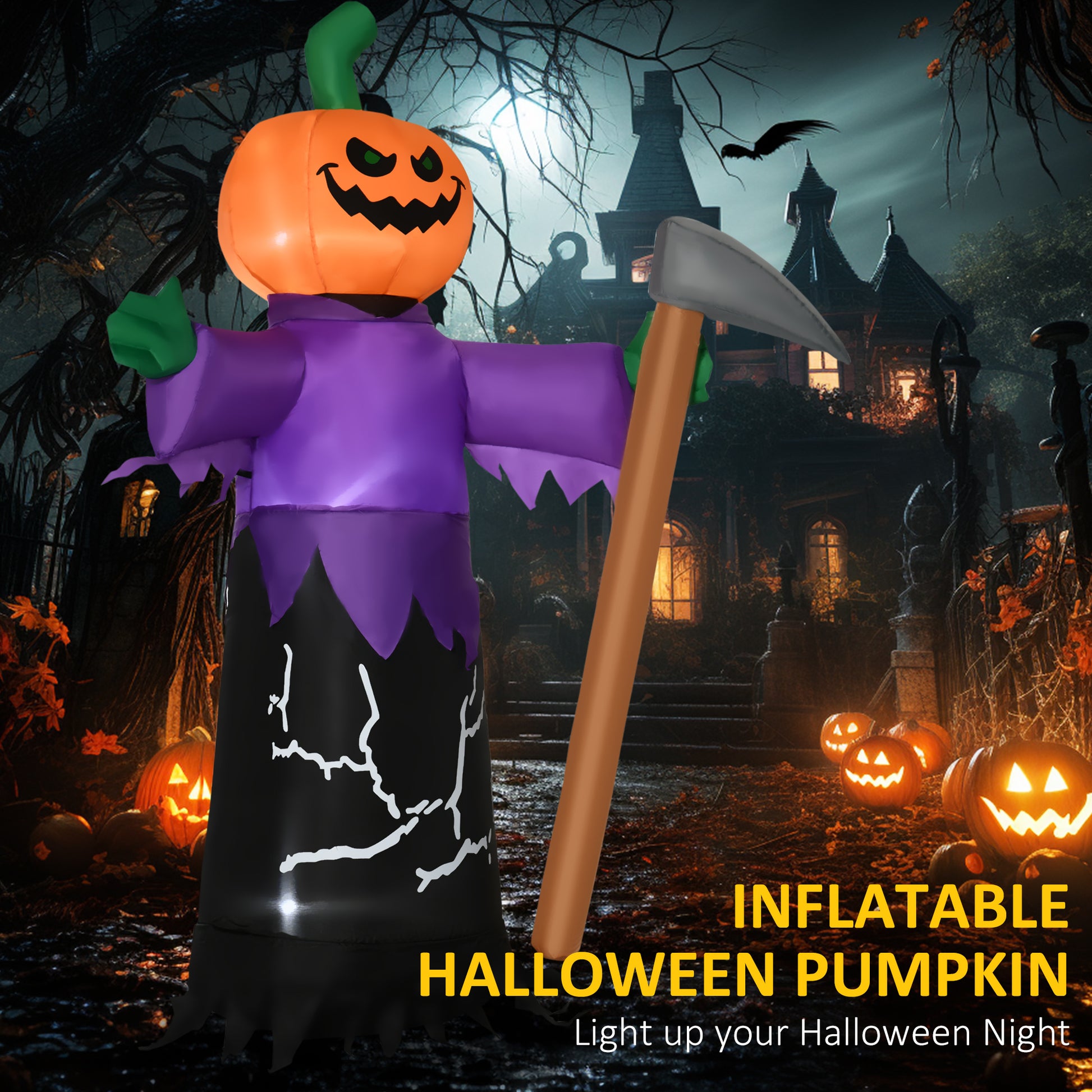 Outsunny 5' Inflatable Halloween Pumpkin Grim Reaper, Blow Up Outdoor Led Yard Display, Waterproof Purple Polyester