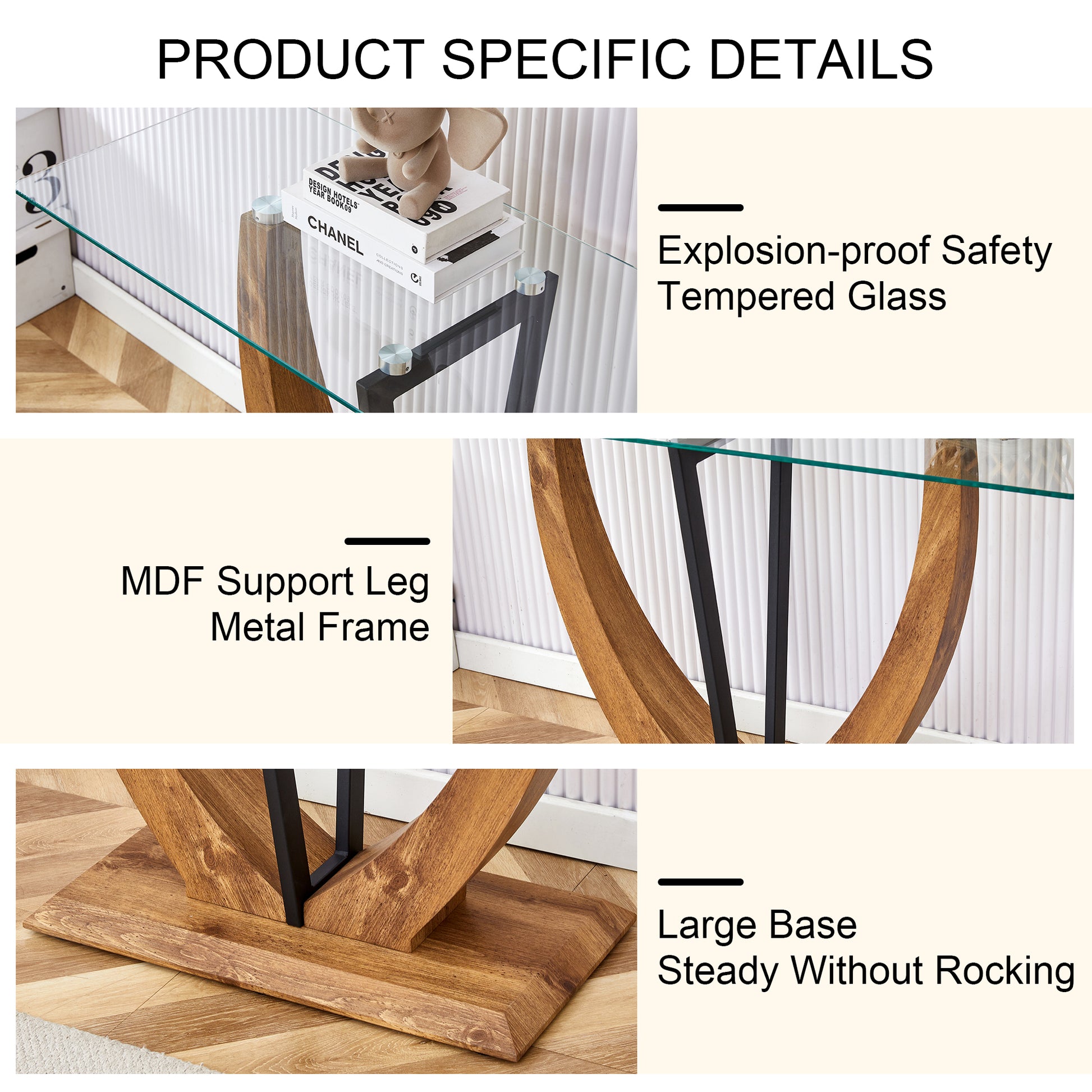 Modern Minimalist Rectangular Glass Table With 0.39 "Tempered Glass Top And Mdf Wood Grain Sticker Legs, Suitable For Entrance And Living Room. Transparent Glass