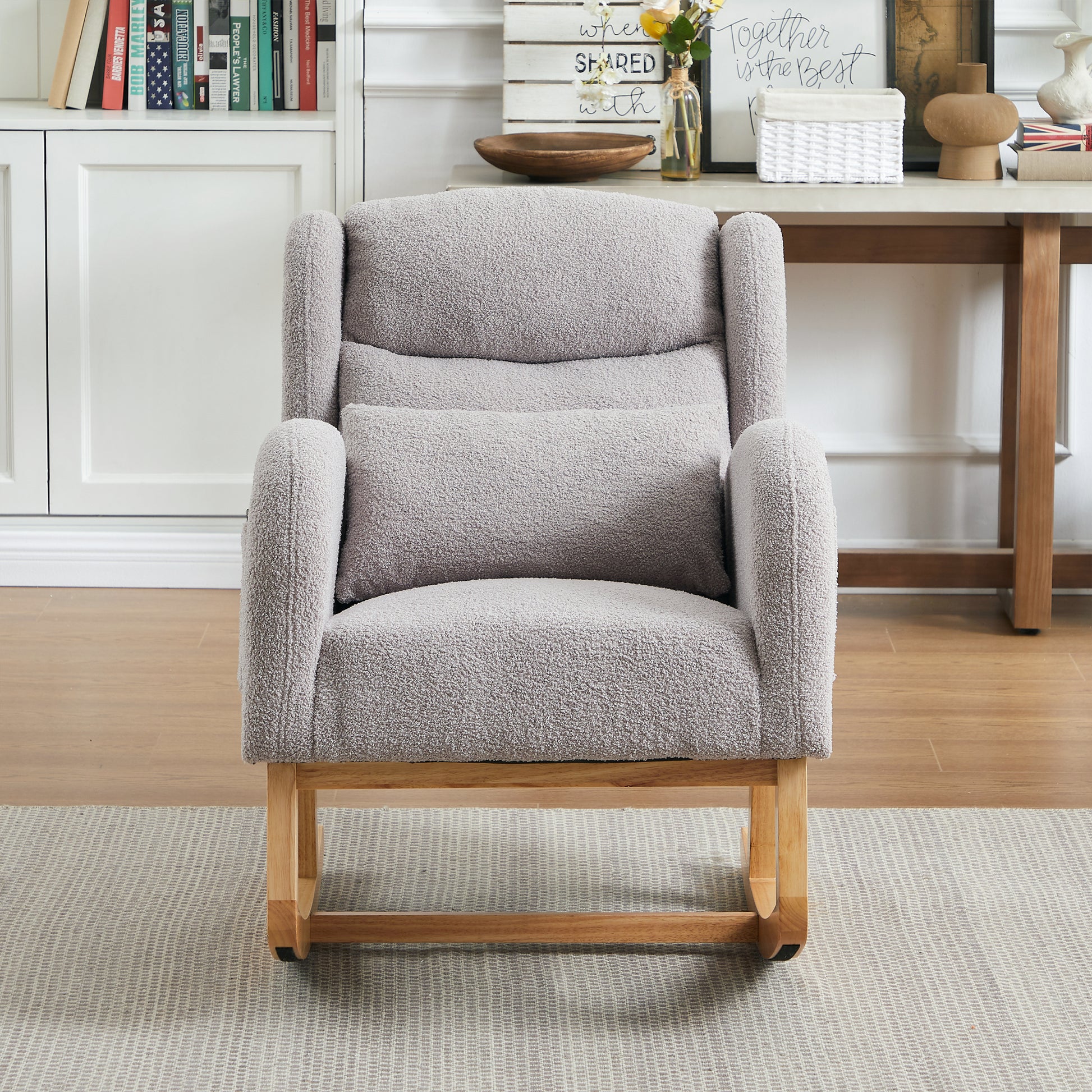27.2"W Modern Accent High Backrest Living Room Lounge Arm Rocking Chair, Two Side Pocket Grey Foam Fabric