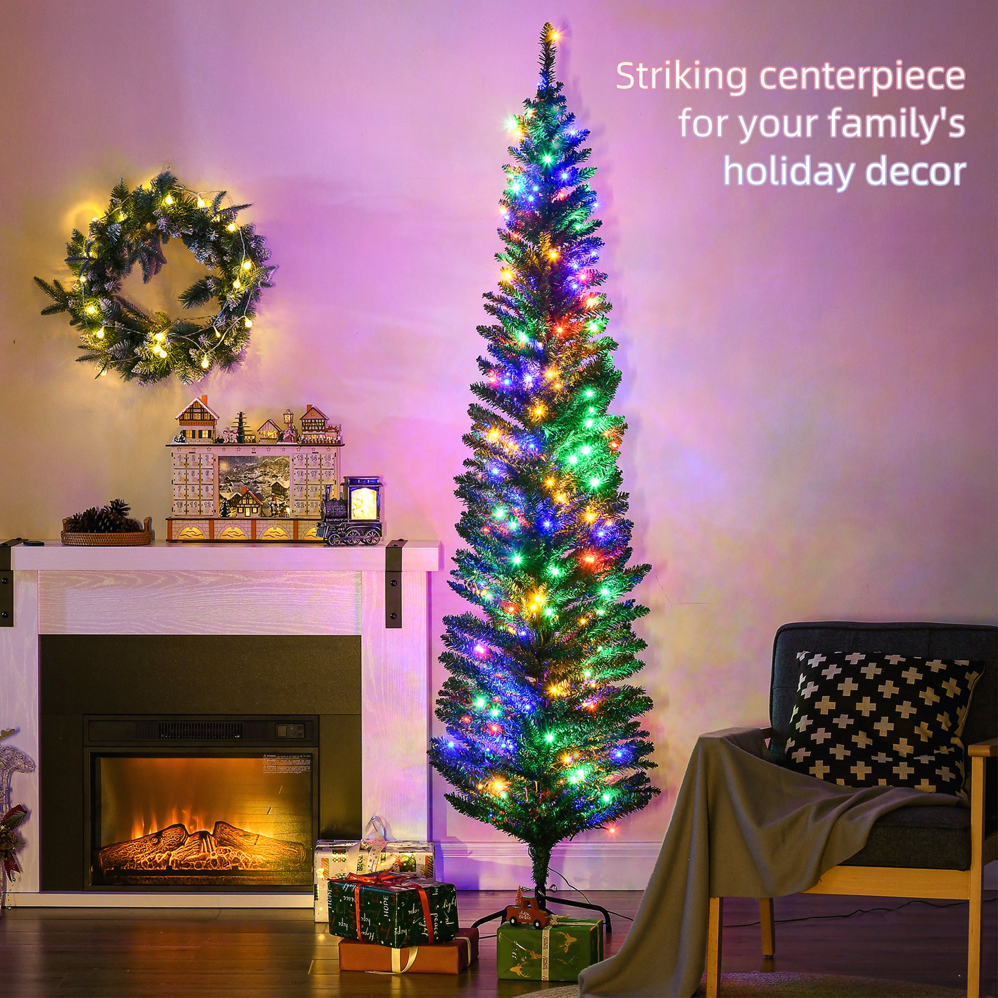 Homcom 7Ft Tall Pencil Prelit Artificial Christmas Tree Holiday D Cor With 499 Branches, 180 Colorful Led Lights, Steel Base, Green Green Plastic