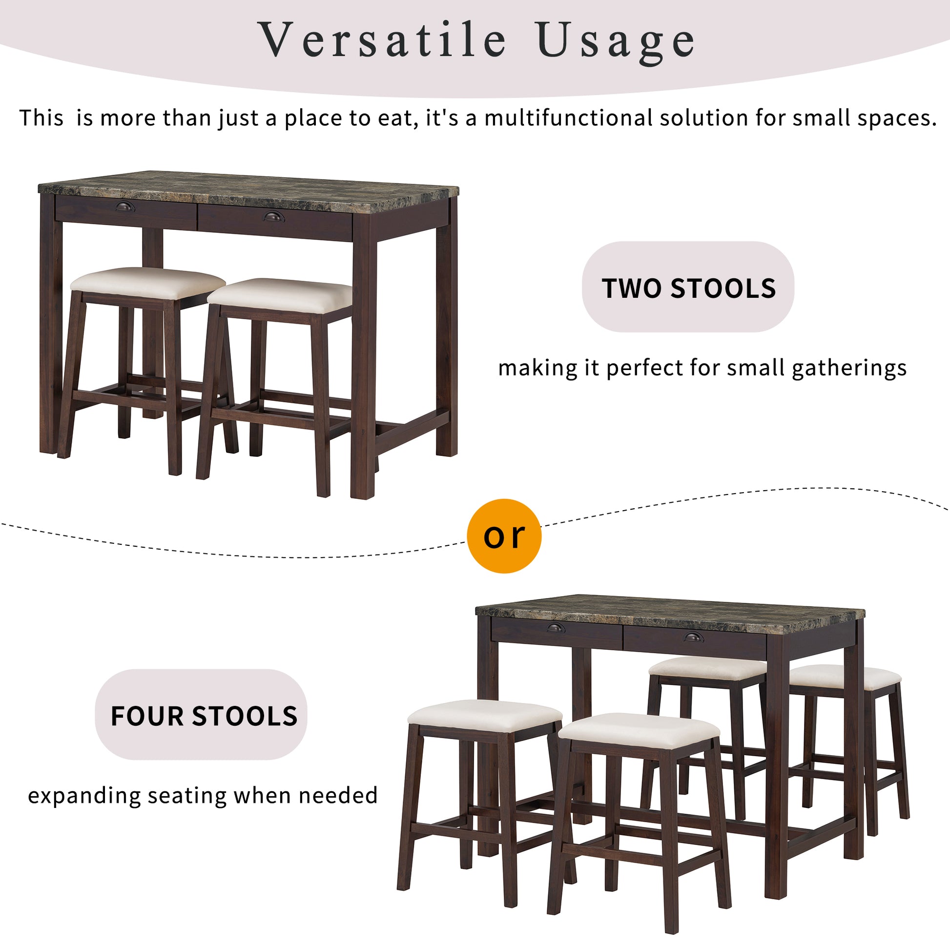 3 Piece Modern Faux Marble Versatile Bar Table Set With Storage Drawers And Padded Stools, Ideal For Space Saving Dining Nooks Or Small Kitchens Walnut Walnut Solid Wood Mdf