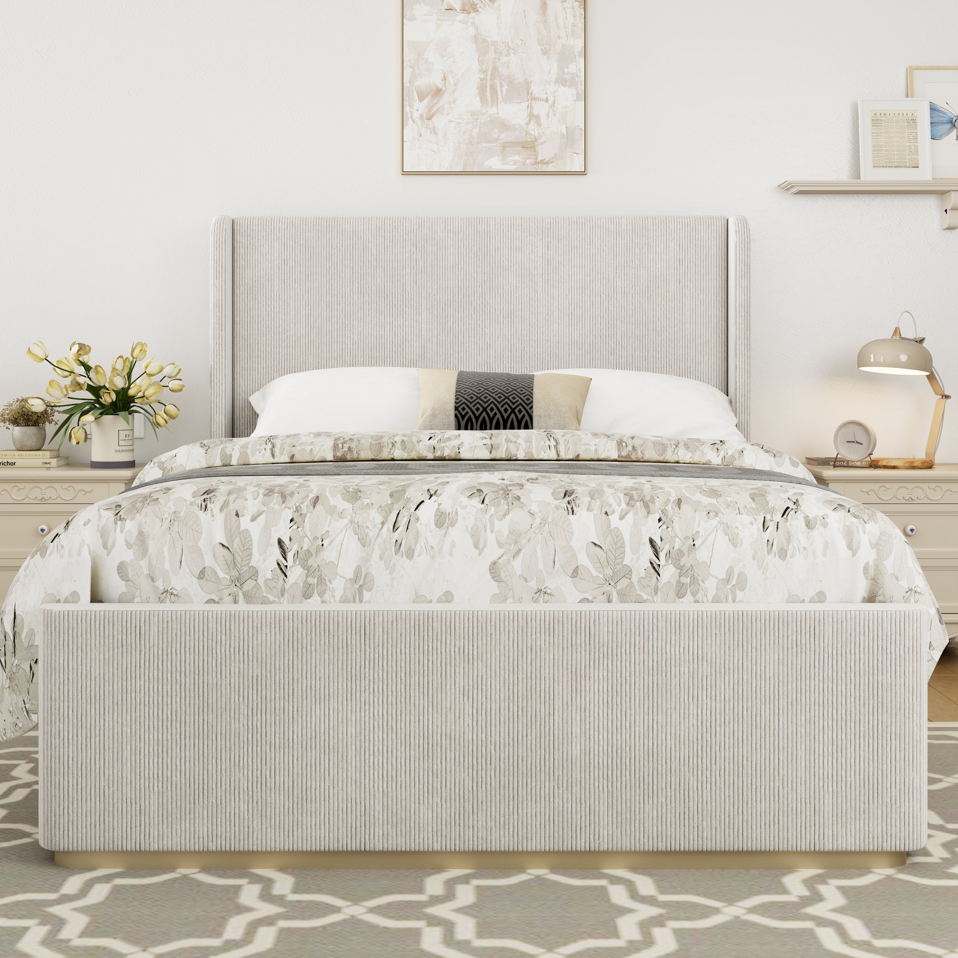 King Size Corduroy Upholstered Bed Frame With Vertical Stripe Wingback Headboard And High Footboard, Light Grey Light Grey Wood