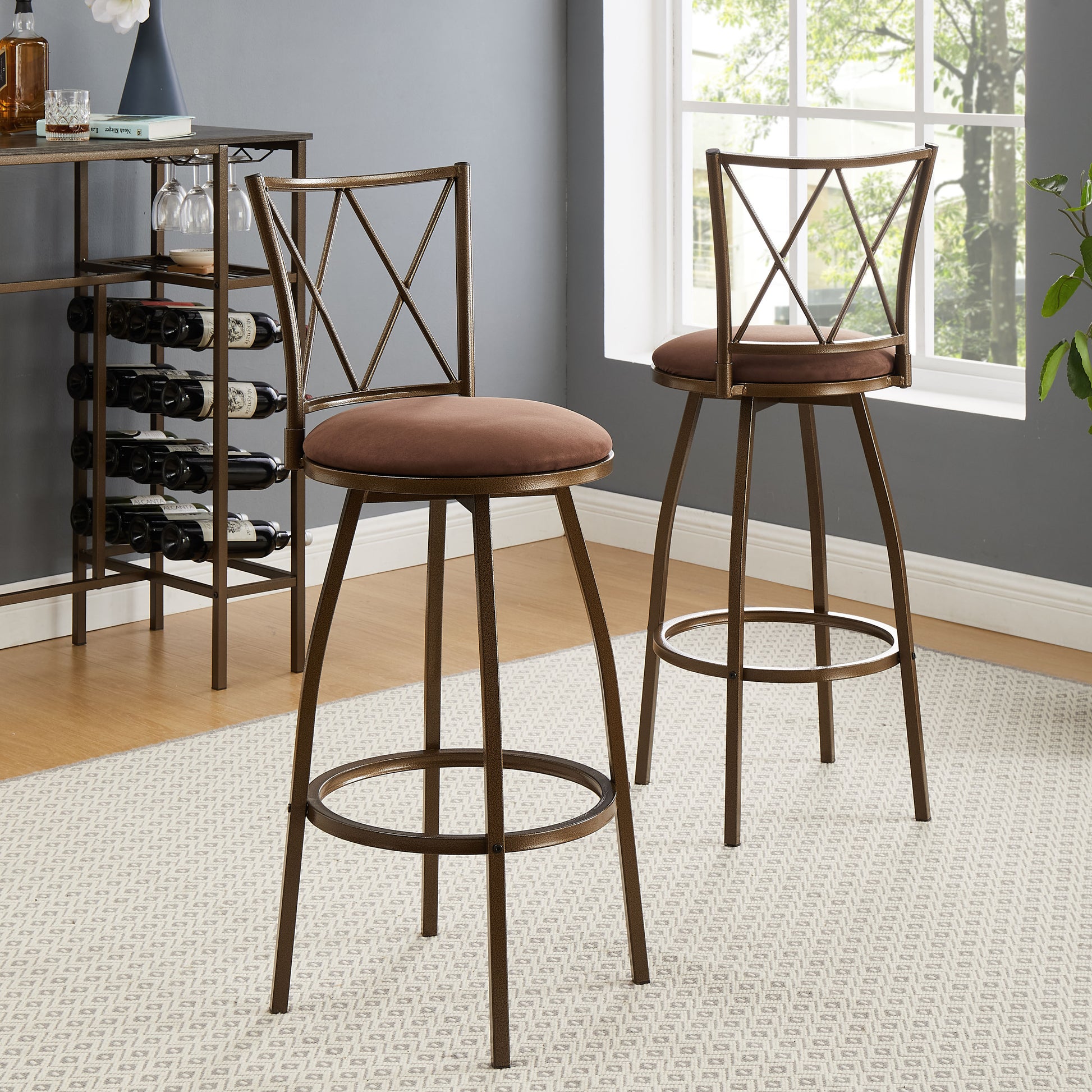 2 Piece Bar Stools, Bar Chairs, Brown Bar Stools,Country Style Industrial,Easy To Assemble, With Footrest For Indoor Bar Dining Kitchen Metal Brown Round Bar Stools Leather Fabric Metal