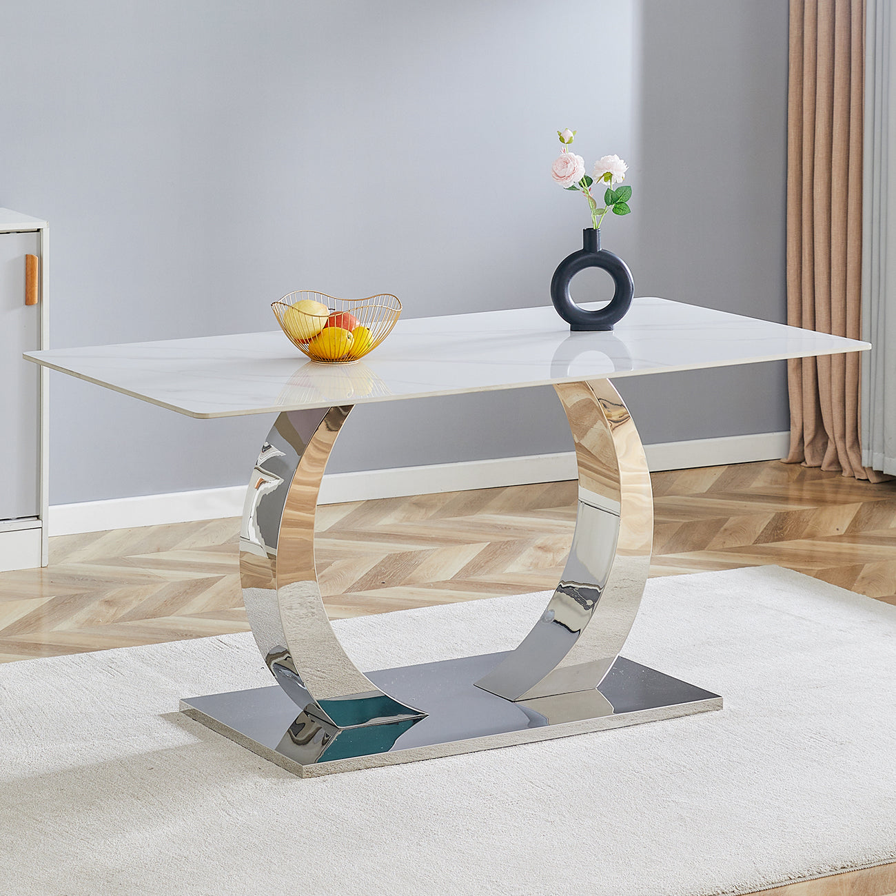 63X31.5X30 Inch Slate Dining Table A Perfect Blend Of Durability And Elegance.Rock Slab Desktop,Burnt Stone With Lmitation Marble Texture,Silver Stainless Steel Metal Table Legs. White Silver