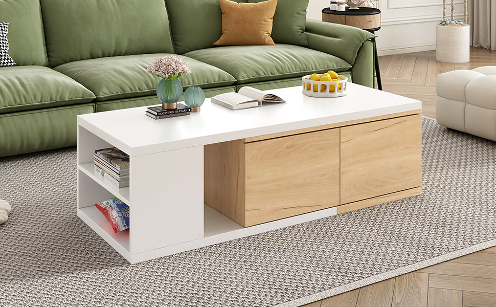 47.2'' 57''W Extendable Coffee Table With 2 Storage Drawers, Dual Tone Wood Center Table With Extendable Sliding Tabletop, Multi Functional Hidden Storage Sofa Table For Living Room, White White Primary Living Space Drawers Rectangular Particle Board Mdf