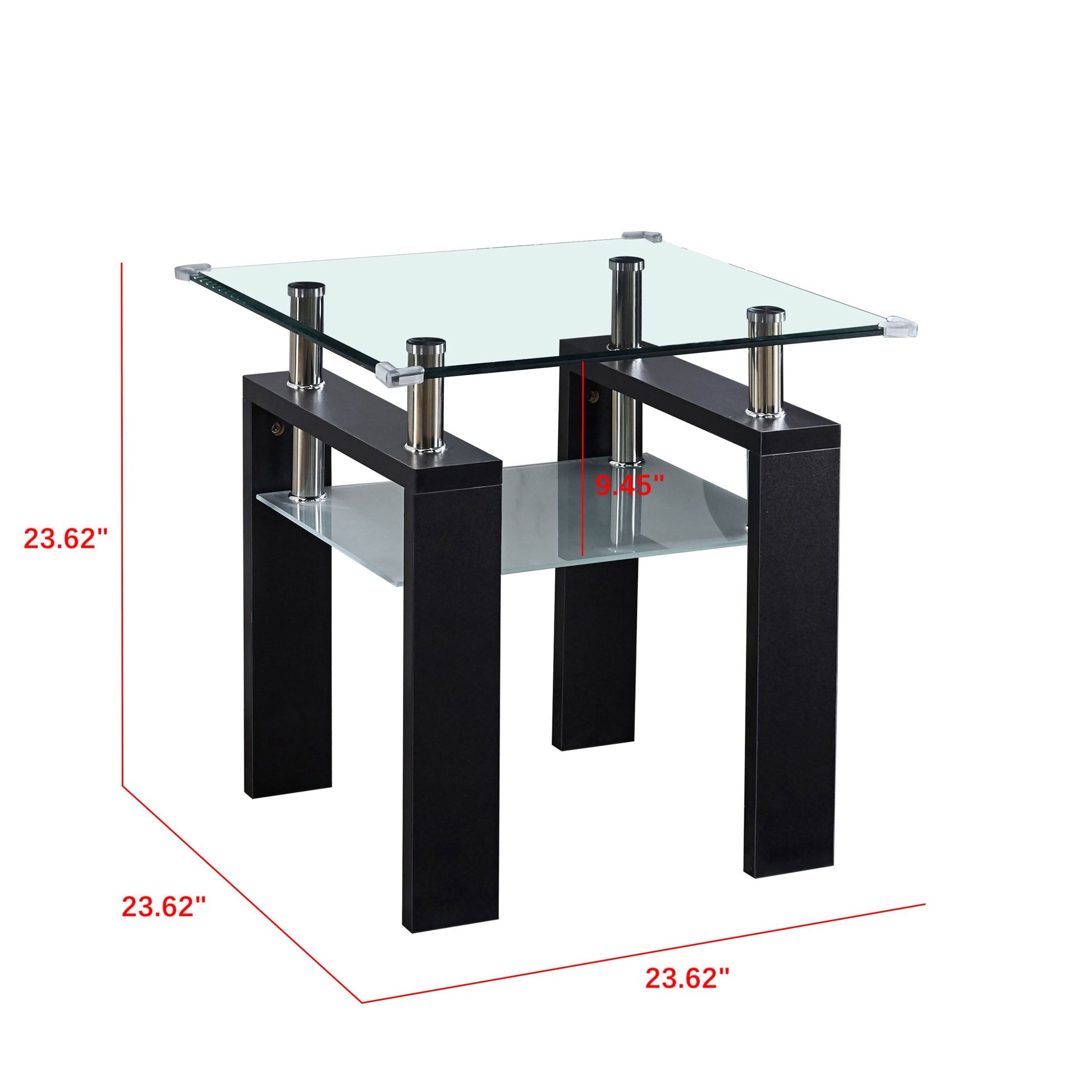 Clear Glass Top Side Table, 24"X24"X24" End Table, Modern Design For Home Black Mdf