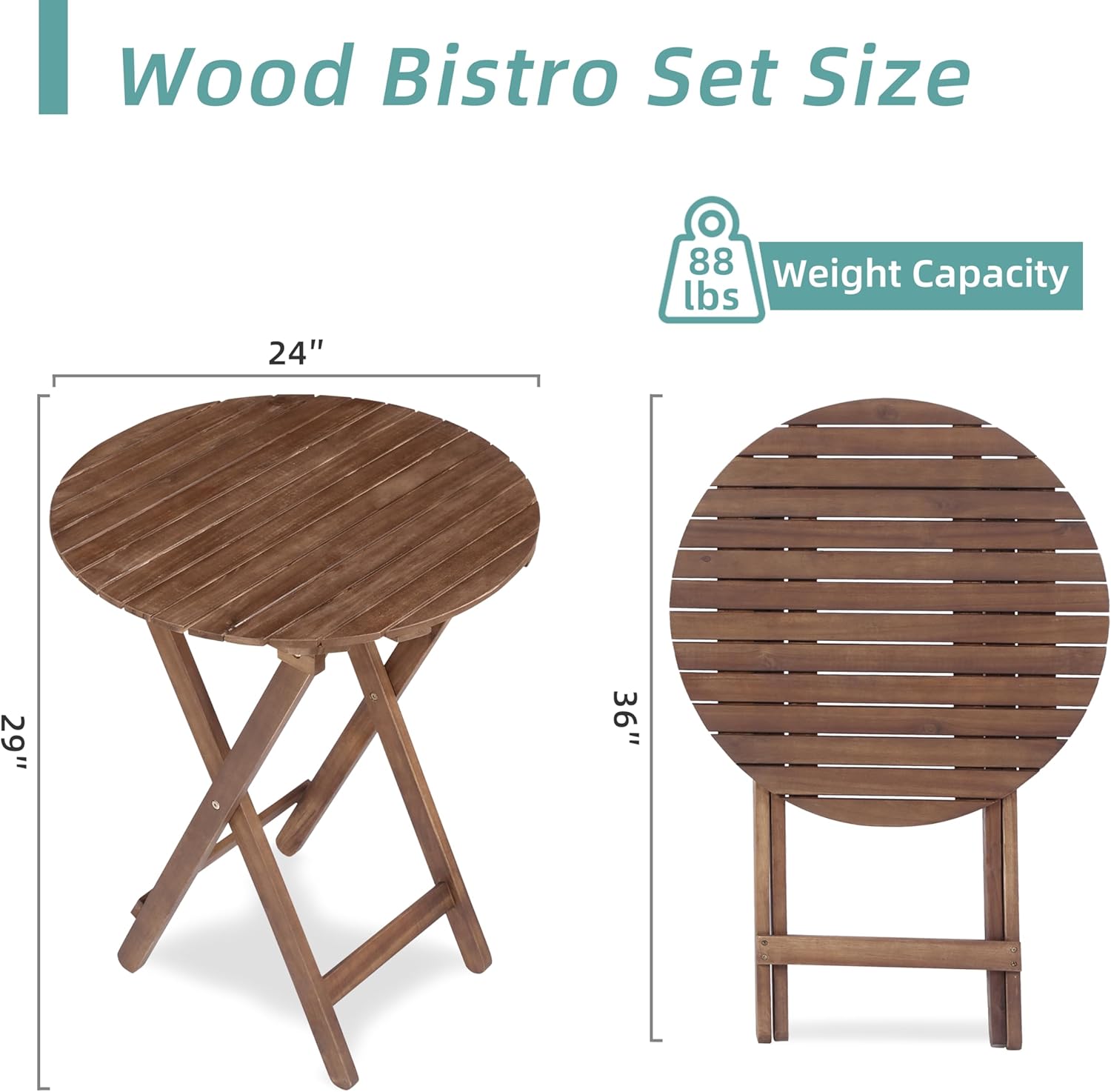 3 Piece Acacia Wood Bistro Set, Wooden Folding Patio Furniture For Garden Backyard Balcony Porch W 1 Coffee Table And 2 Foldable Chairs, Natural Stained Light Brown Acacia Wood