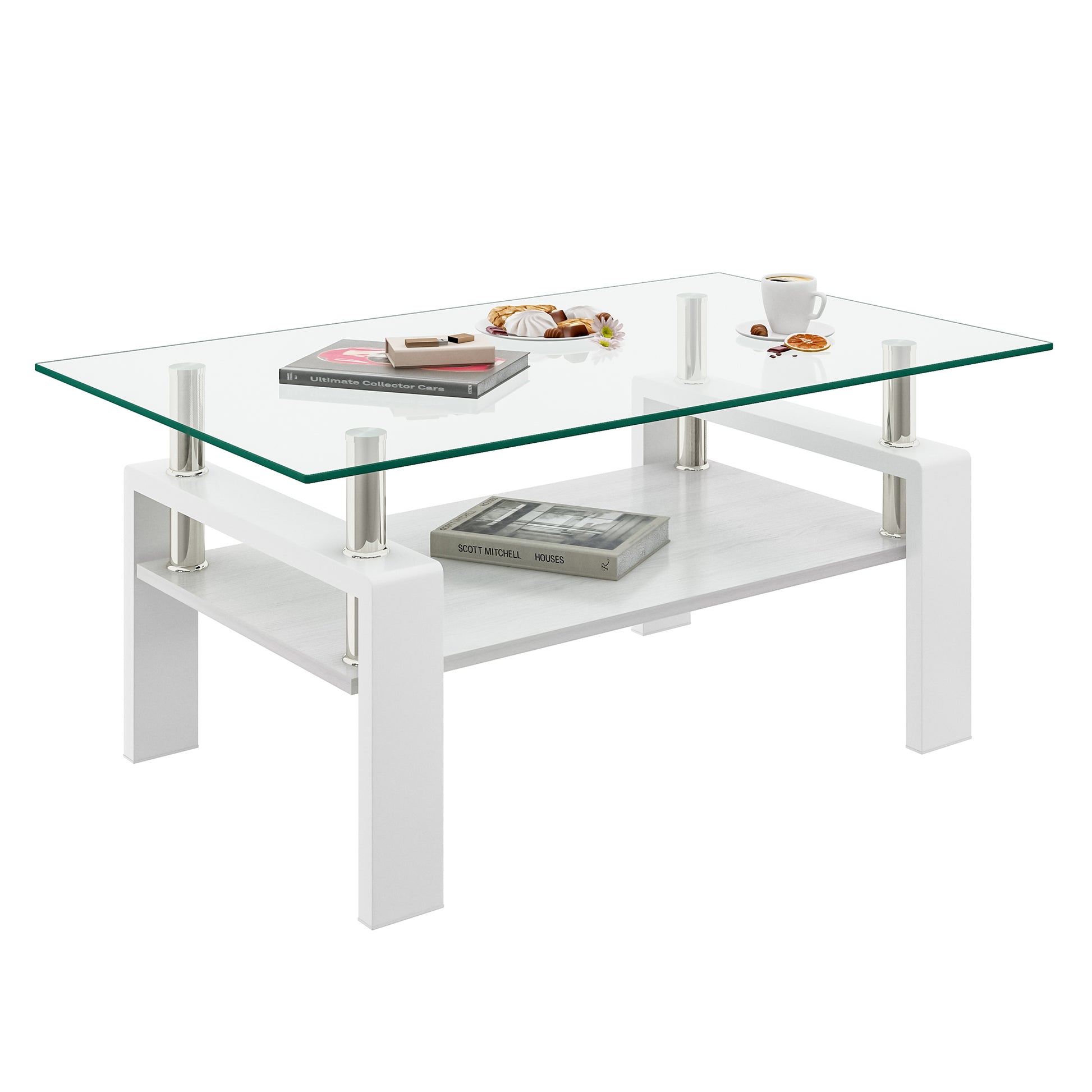 Rectangle Coffee Table, Tempered Glass Tabletop With Mdf Layer, Modern Table For Living Roomtransparent Glass Transparent Tempered Glass