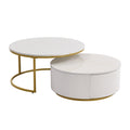 Modern Round Nesting Coffee Table Fluted With Drawer In White & Gold In 31.5'' Golden White Drawers Coffee & End Tables Glossy Round Metal Mdf Pedestal