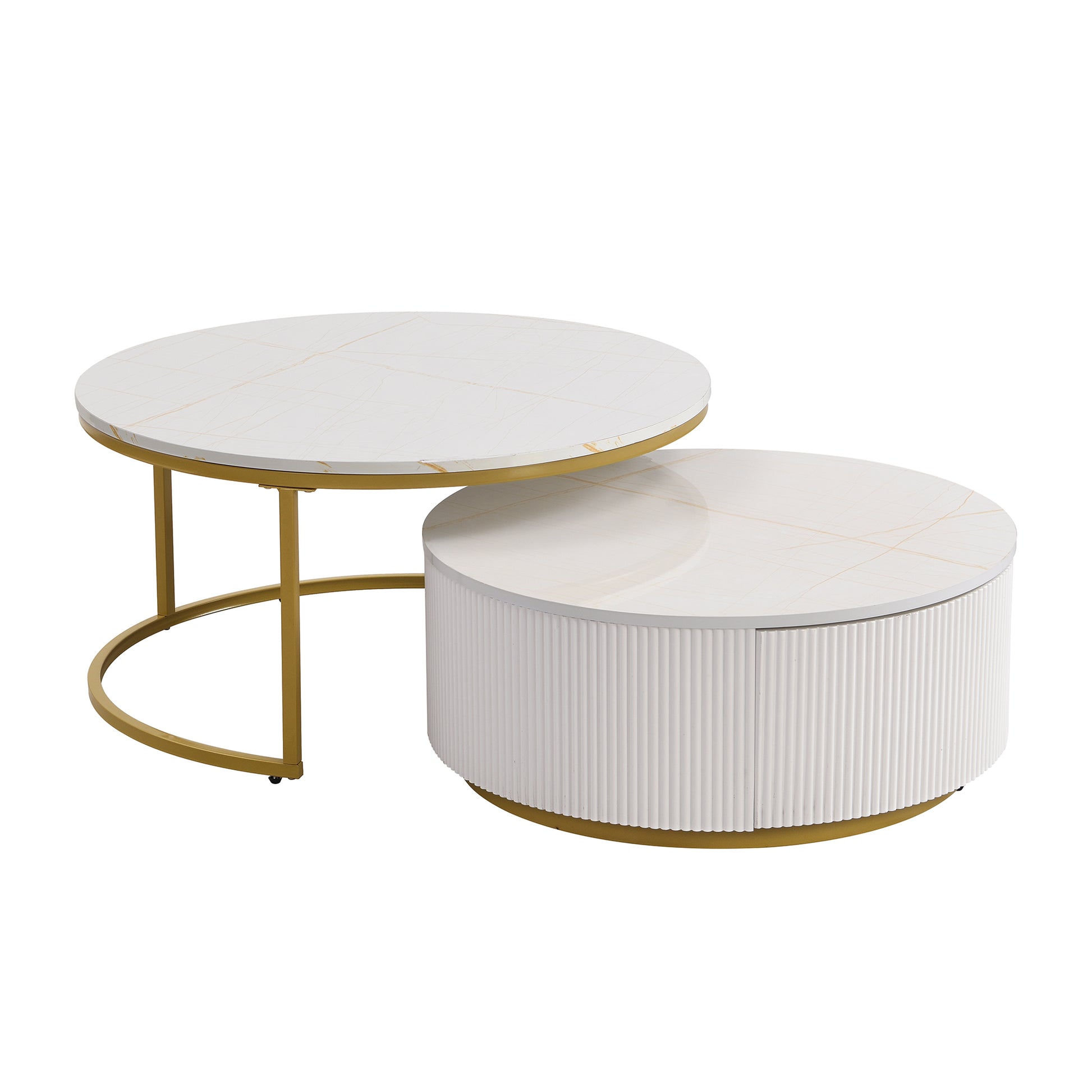 Modern Round Nesting Coffee Table Fluted With Drawer In White & Gold In 31.5'' Golden White Drawers Coffee & End Tables Glossy Round Metal Mdf Pedestal