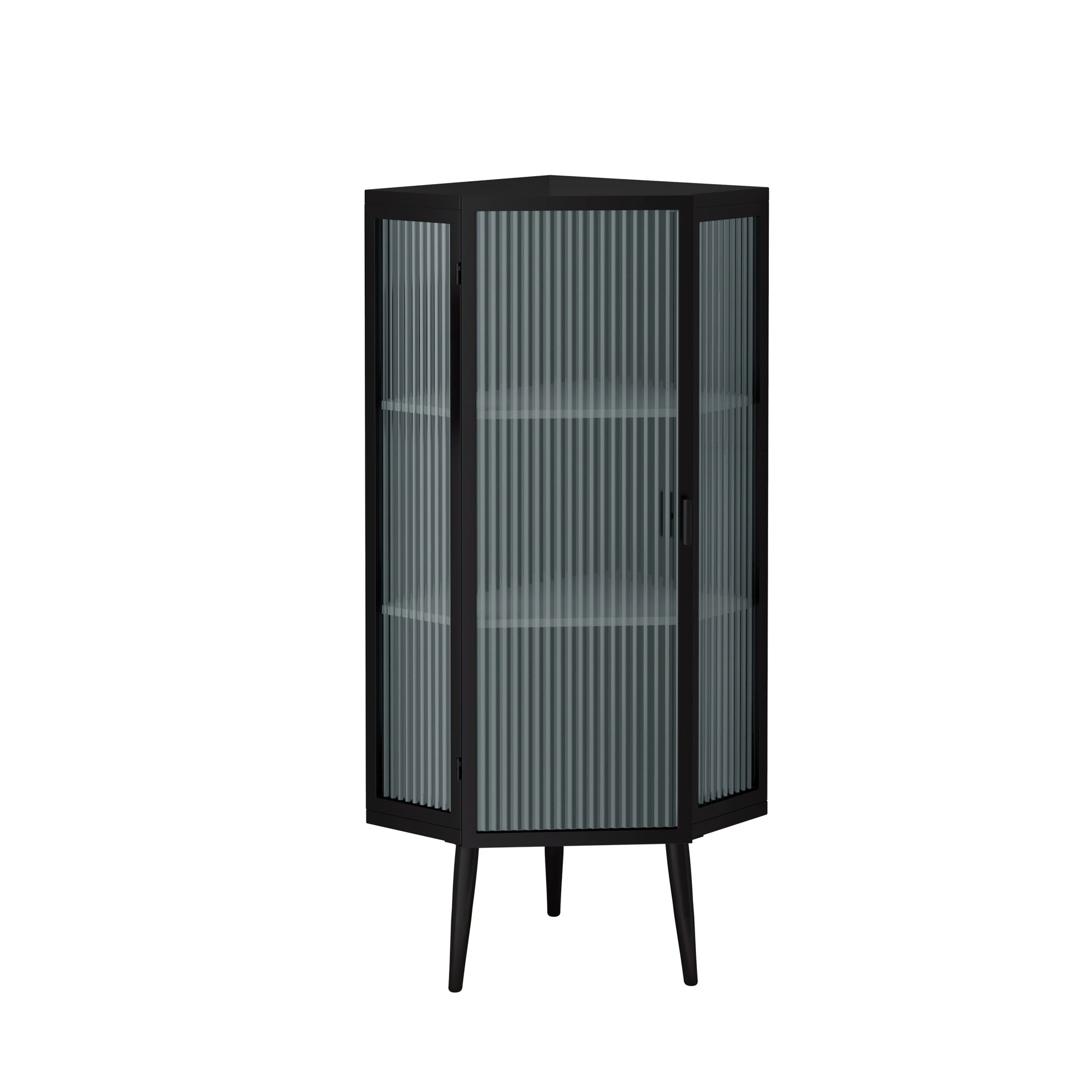 22.25'' Floor Coner Cabinet,Three Tiers With Tempered Glass Doors And Storage Shelves For Bathroom, Living Room And Bedroom Black Black Glass Metal