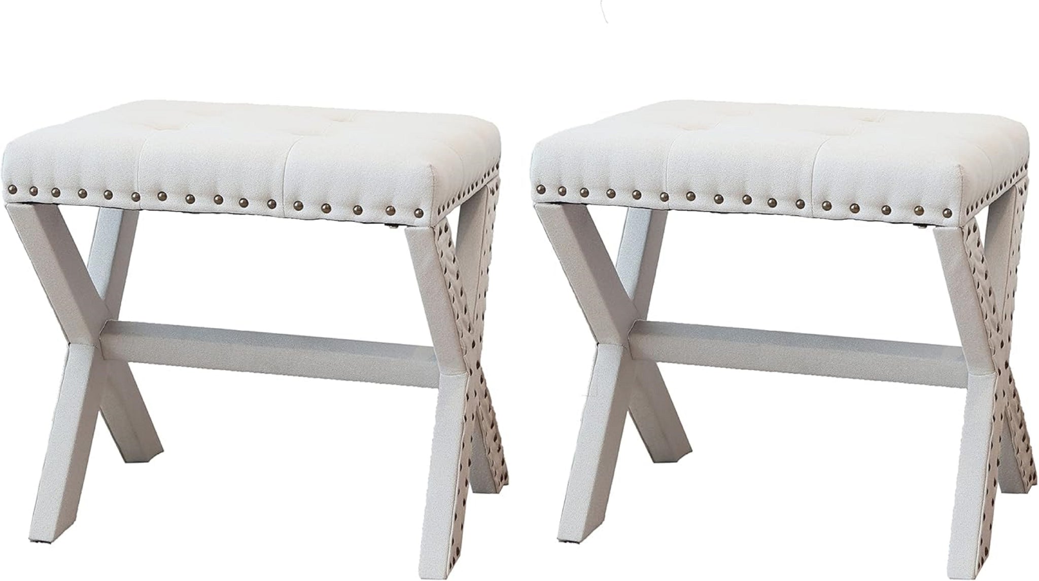 Set Of 2 Silver Modern Chic Vanity Stool Upholstered Chair Soft Linen Fabric Trim Tufted Seat And Solid Wood Frame Beige Beige Vanity Stools Polyester Bedroom Rectangular Beige Traditional Nailheads Wood