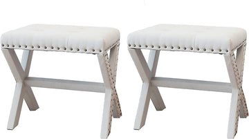 Set Of 2 Silver Modern Chic Vanity Stool Upholstered Chair Soft Linen Fabric Trim Tufted Seat And Solid Wood Frame Beige Beige Vanity Stools Polyester Bedroom Rectangular Beige Traditional Nailheads Wood