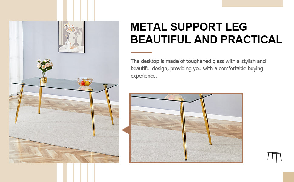 Table And Chair Set.Modern Rectangular Glass Dining Table With A Tempered Glass Tabletop And Metal Legs, Paired With Multiple Chairs Designed With Pu Cushions And Golden Metal Legs. Black Gold Seats 6 Tempered Glass