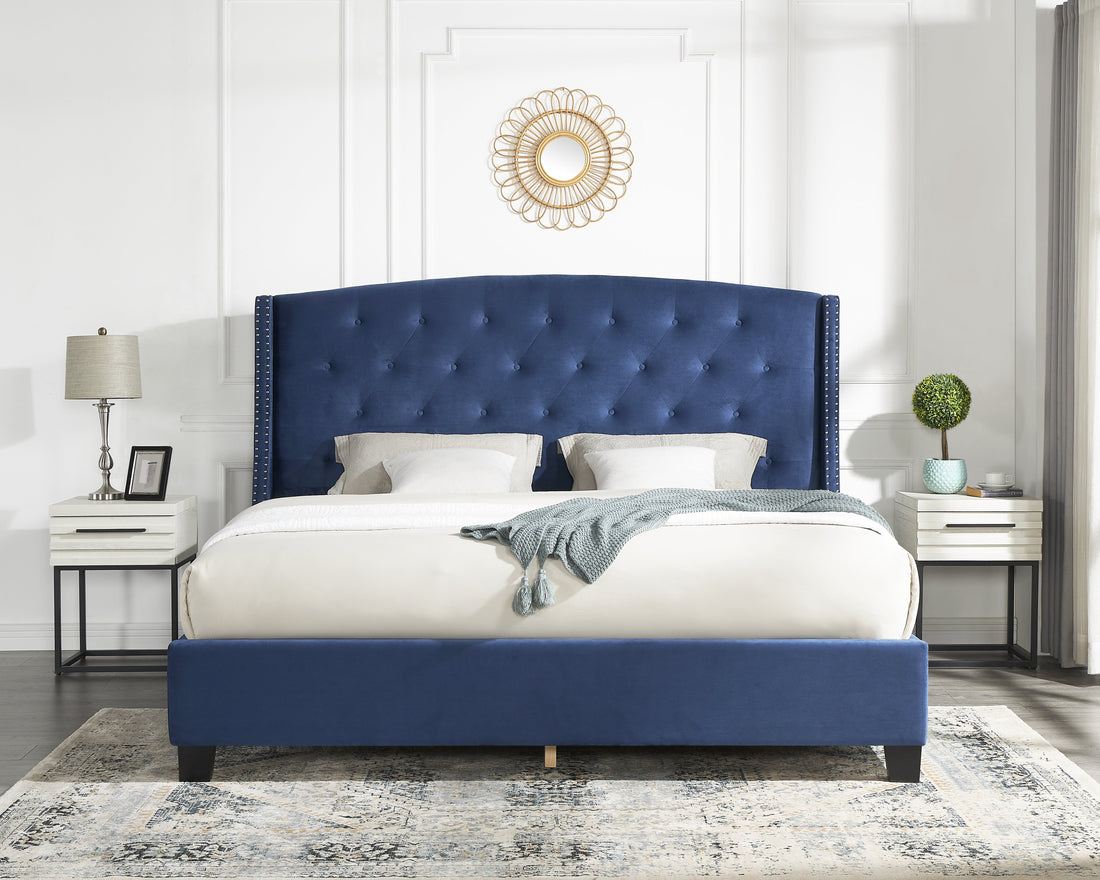 Fentina 3 Piece Upholstered Bedroom Set, Tufted Velvet Wingback Bed With Two White Nightstands Box Spring Required Queen Blue Multi Wood 3 Piece Set Bedroom Bed Included,Nightstand Included Contemporary Wood Tufted Polyester Engineered Wood