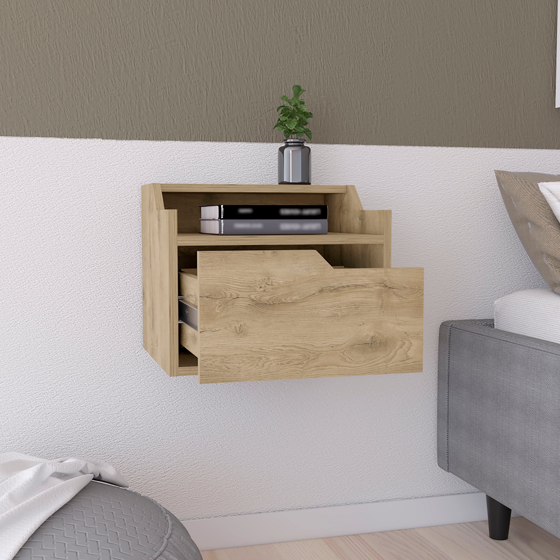 Florence Floating Nightstand With Drawer And Dual Shelf Display Beige 1 Drawer Bedroom Rectangle Modern Shelf Mdf Engineered Wood