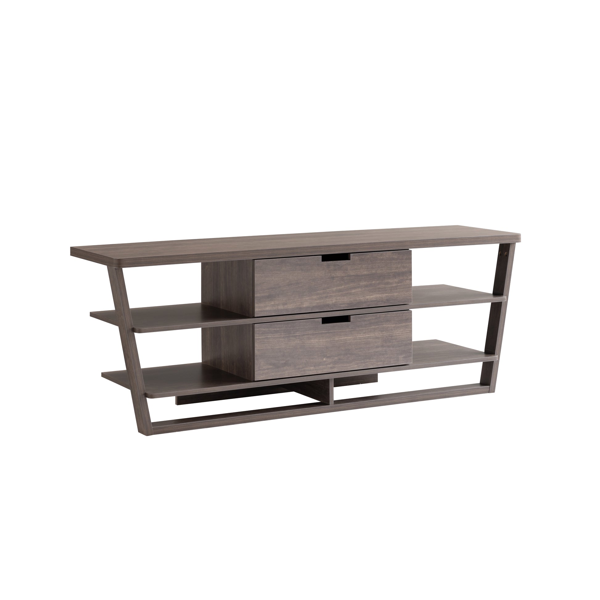 Tv Stand In Brown Walnut With Floating Shelves, Drawers, And Cutout Handles Modern And Functional Design For Entertainment Space Walnut Brown 60 69 Inches Mdf