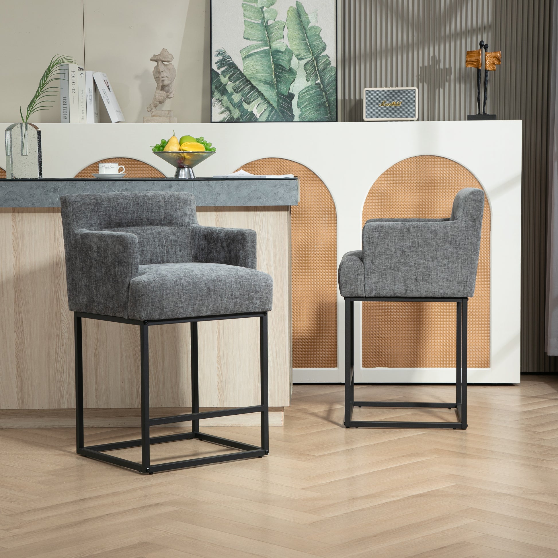 Coolmore Counter Height Bar Stools Set Of 2, Modern Barrel Bar Stool With Backrest And Arms, Black Metal Frames, Upholstered Bar Stools For Kitchen Island, Pub, Club Gray Foam Chenille