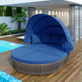 Outdoor Rattan Daybed Sunbed With Retractable Canopy Wicker Furniture, Round Outdoor Sectional Sofa Set, Gray Wicker Furniture Clamshell Seating With Washable Cushions, Backyard, Porch, Blue Yes Blue Seats 8 Garden & Outdoor Foam Wicker