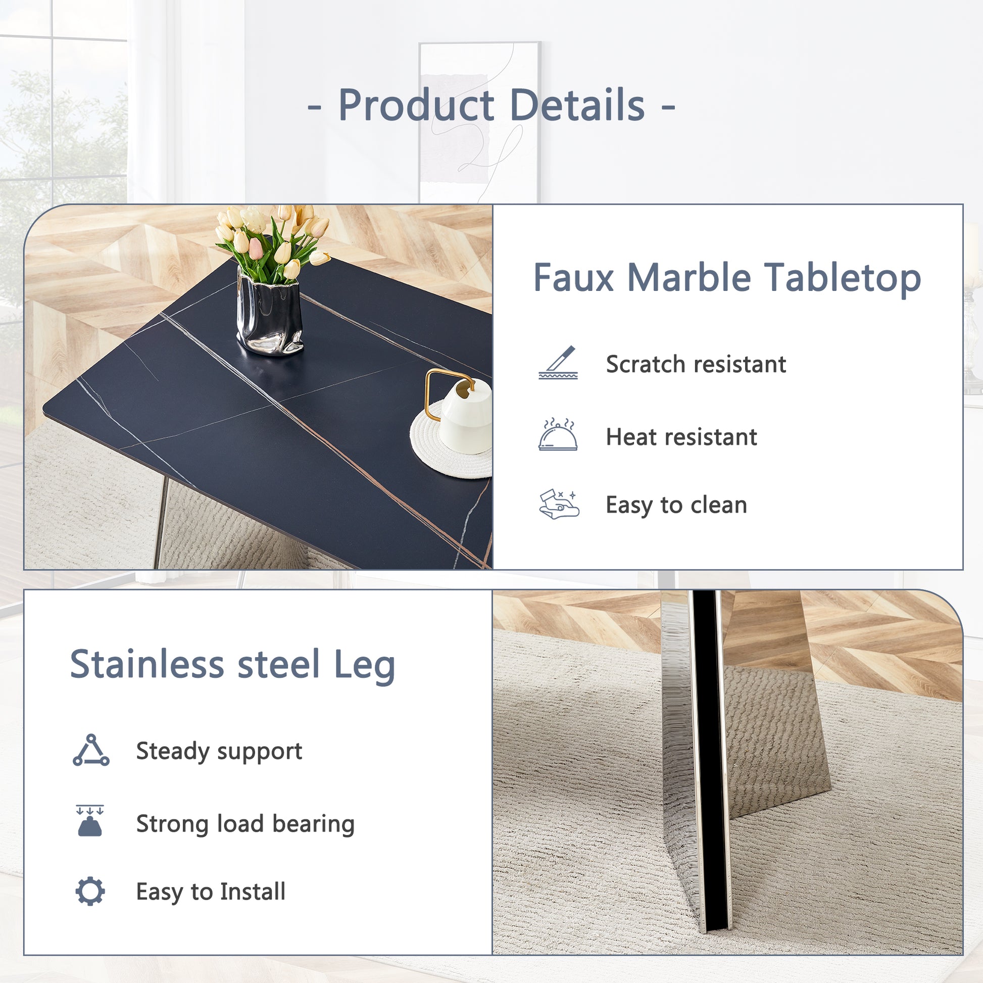 63"X31.5X30" Black Marble Patterned Slab Dining Table With Stainless Steel Butterfly Legs.The Tabletop Is Designed To Be Scratch And Heat Resistant.Slabs Tabletop,Stainless Steels Legs. Black,Silver