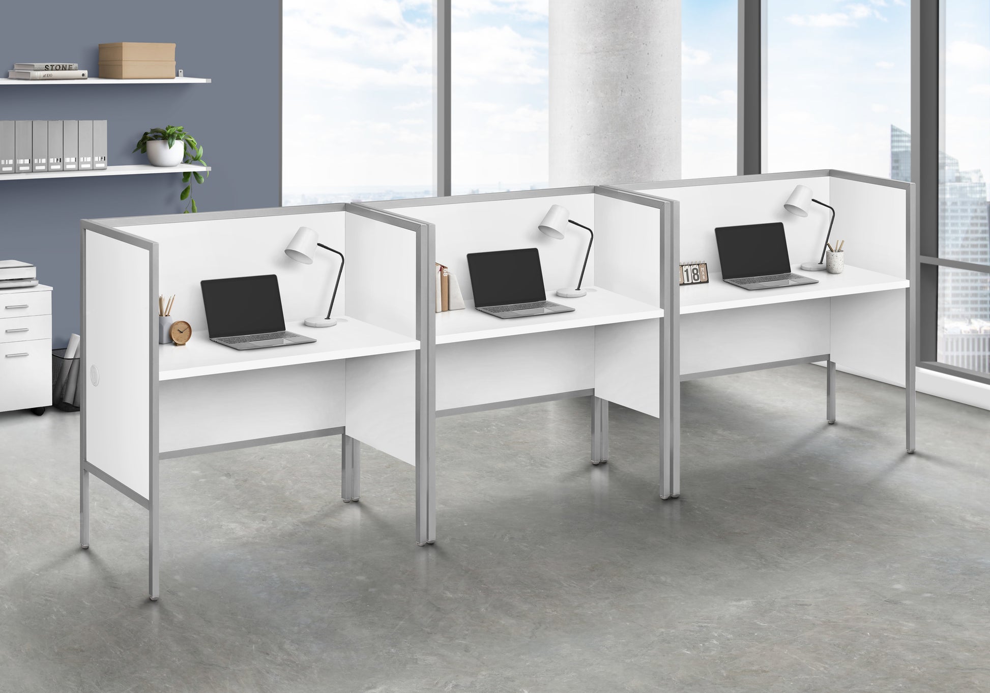 Office Cubicle, 48"L, Desk, Work, Commercial Grade, White Laminate, Silver Metal, Contemporary, Modern White Particle Board