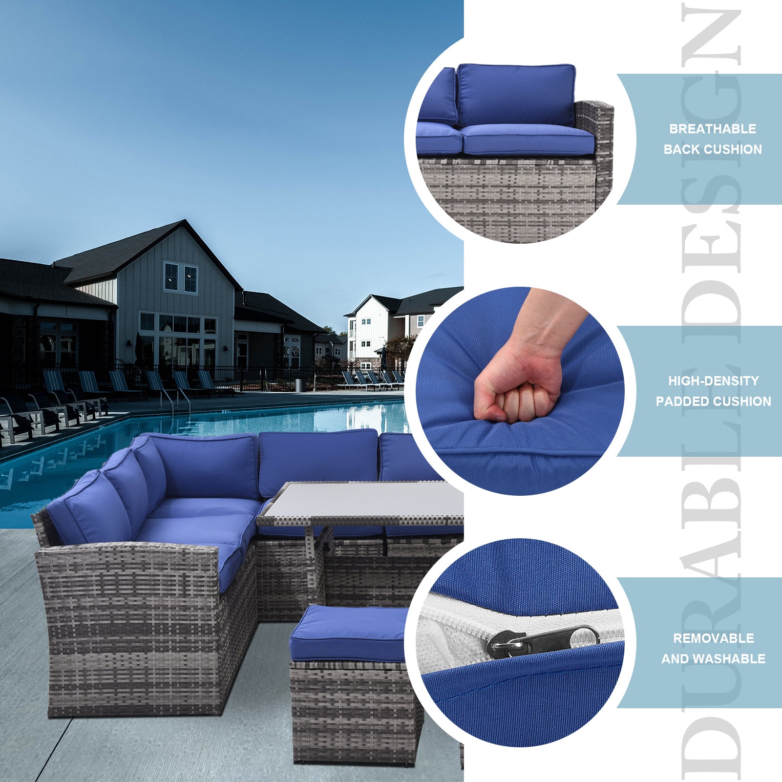 Outdoor Patio Furniture Set,7 Pieces Outdoor Sectional Conversation Sofa With Dining Table,Corner Chairs, Ottomans,All Weather Pe Rattan And Steel Frame,With Backrest And Removable Cushions Grey Blue Yes Dark Blue Weather Resistant Frame Garden & Outdoor